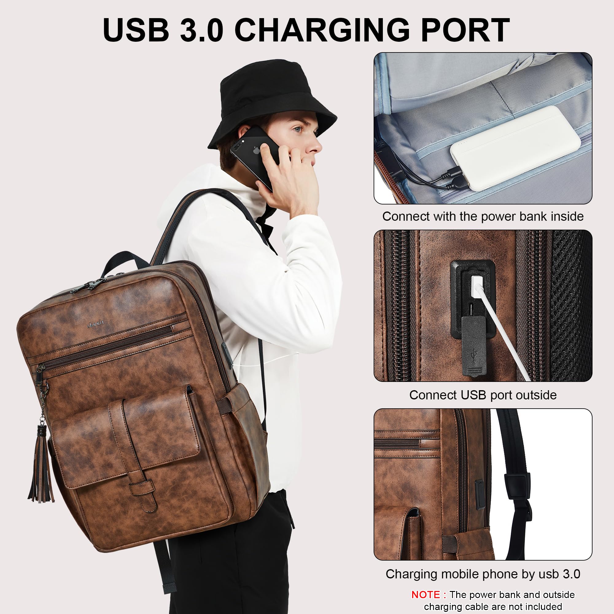 Shrrie Mochila de piel vegana para portátil de 16 pulgadas con cargador USB, ligera e inteligente parade para hombre y mujer para negocios, trabajo, oficina y universidad, Bicolor Marrón