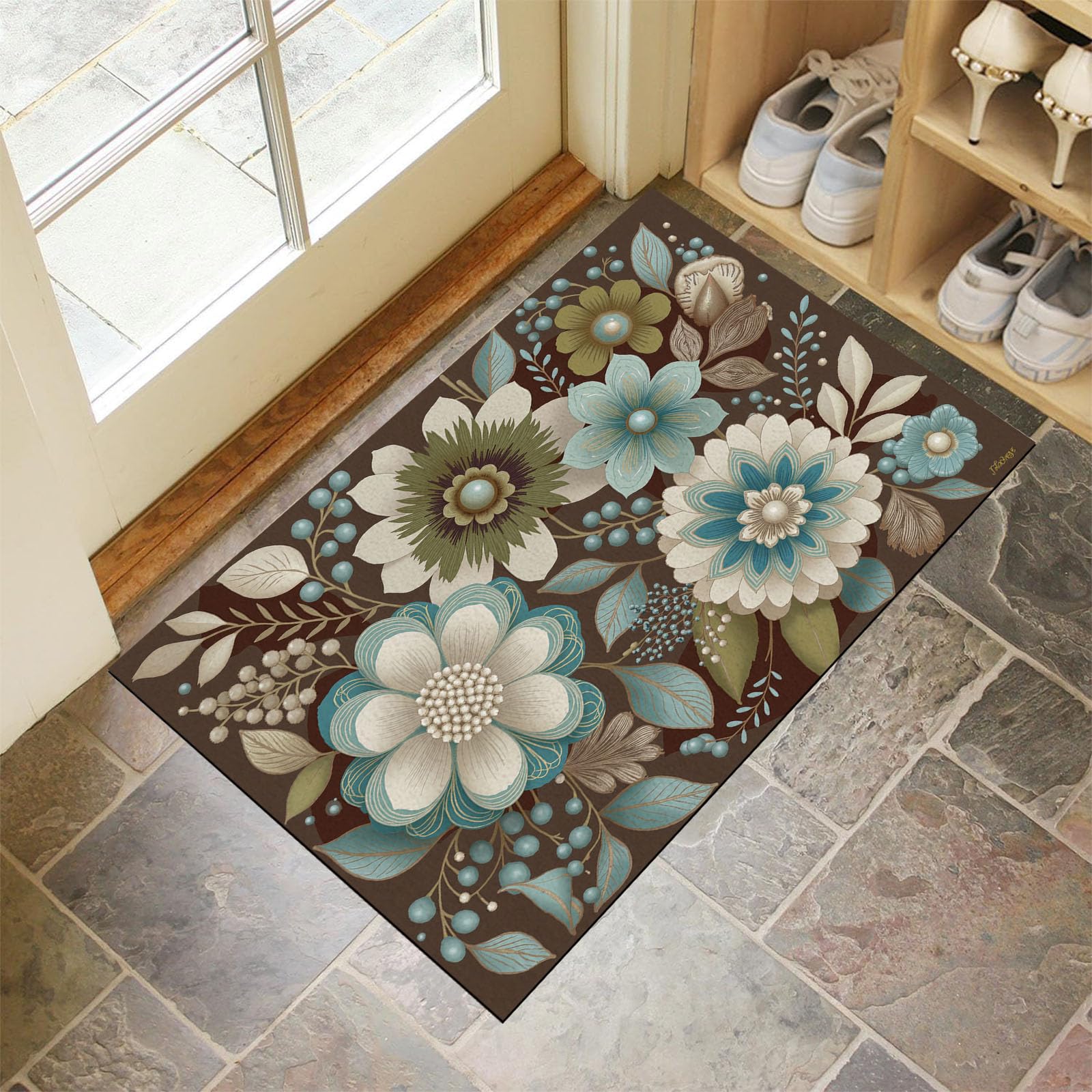 Tapis de Sol Rétro Floral Absorbant pour Entrée Propre et Sèche