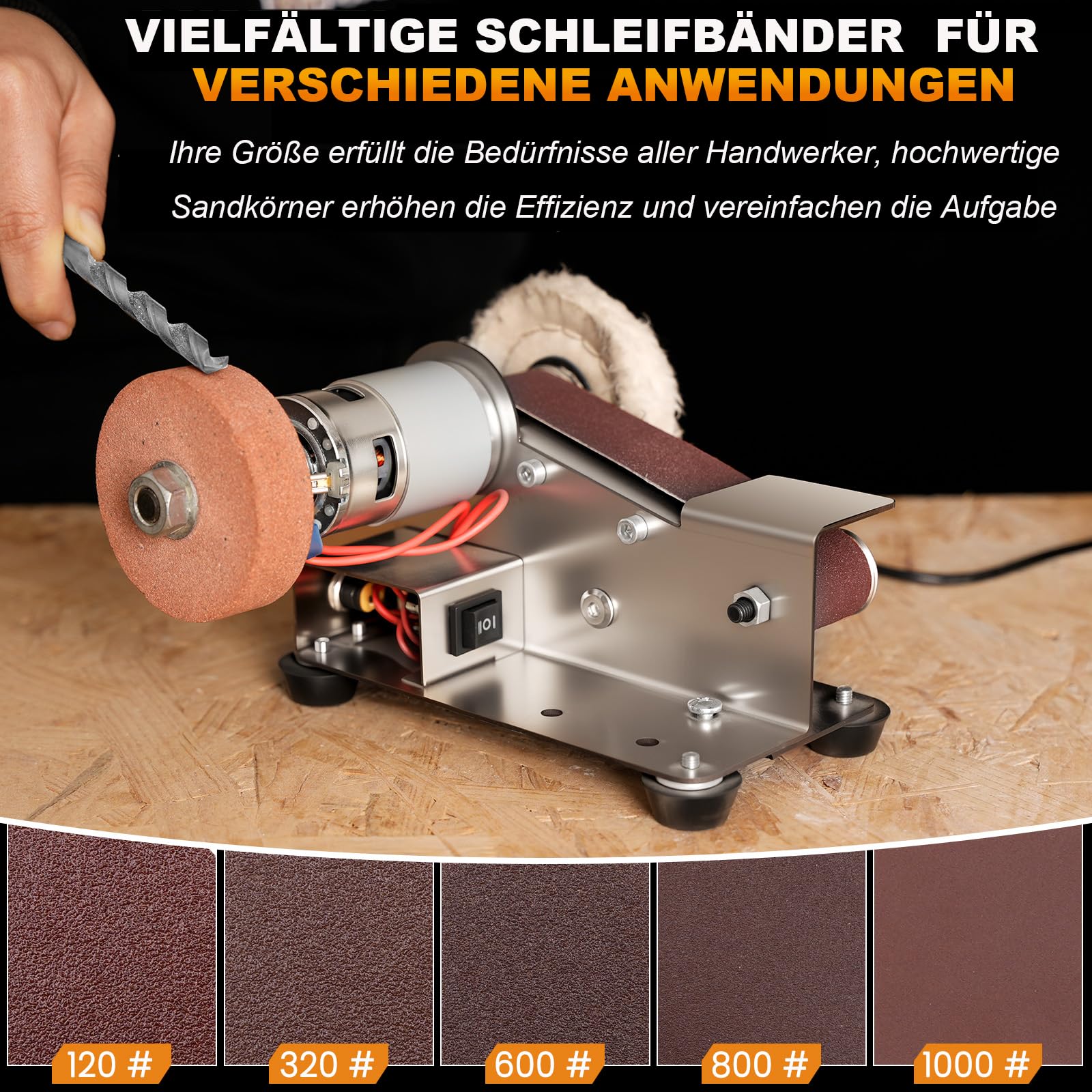 Elektrischer Bandschleifer, Klein Band Schleifmaschine 15 Grad Tischschleifer mit Festem Winkel, 7-Stufig Verstellbarer Polierer für Metall Holz DIY Handwerk, Werkzeug & Messerschärfen