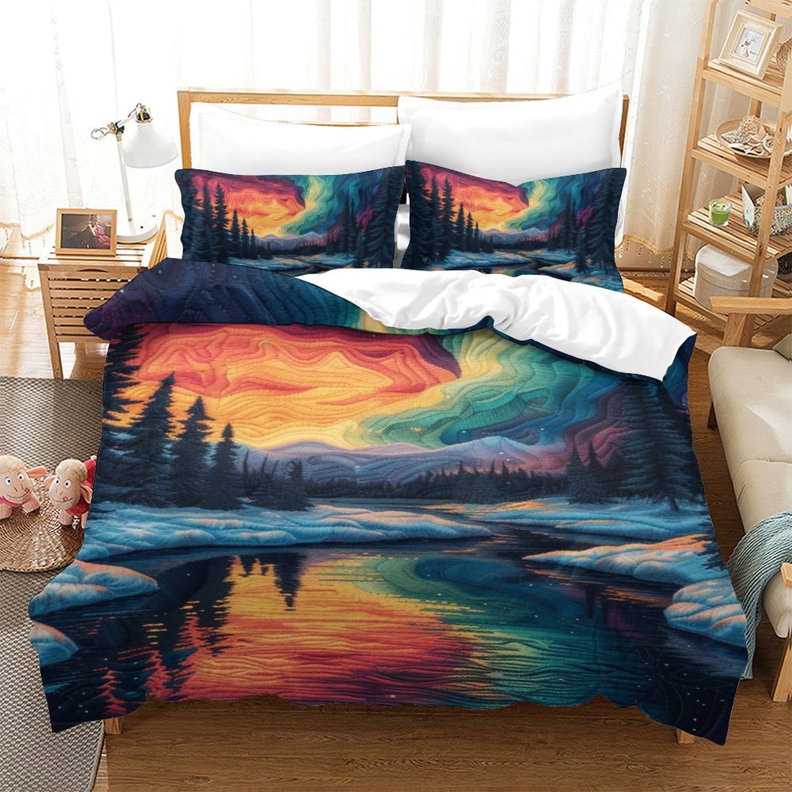 Housse de couette aurores boréales 140x200 single lit une place avec fermeture éclair