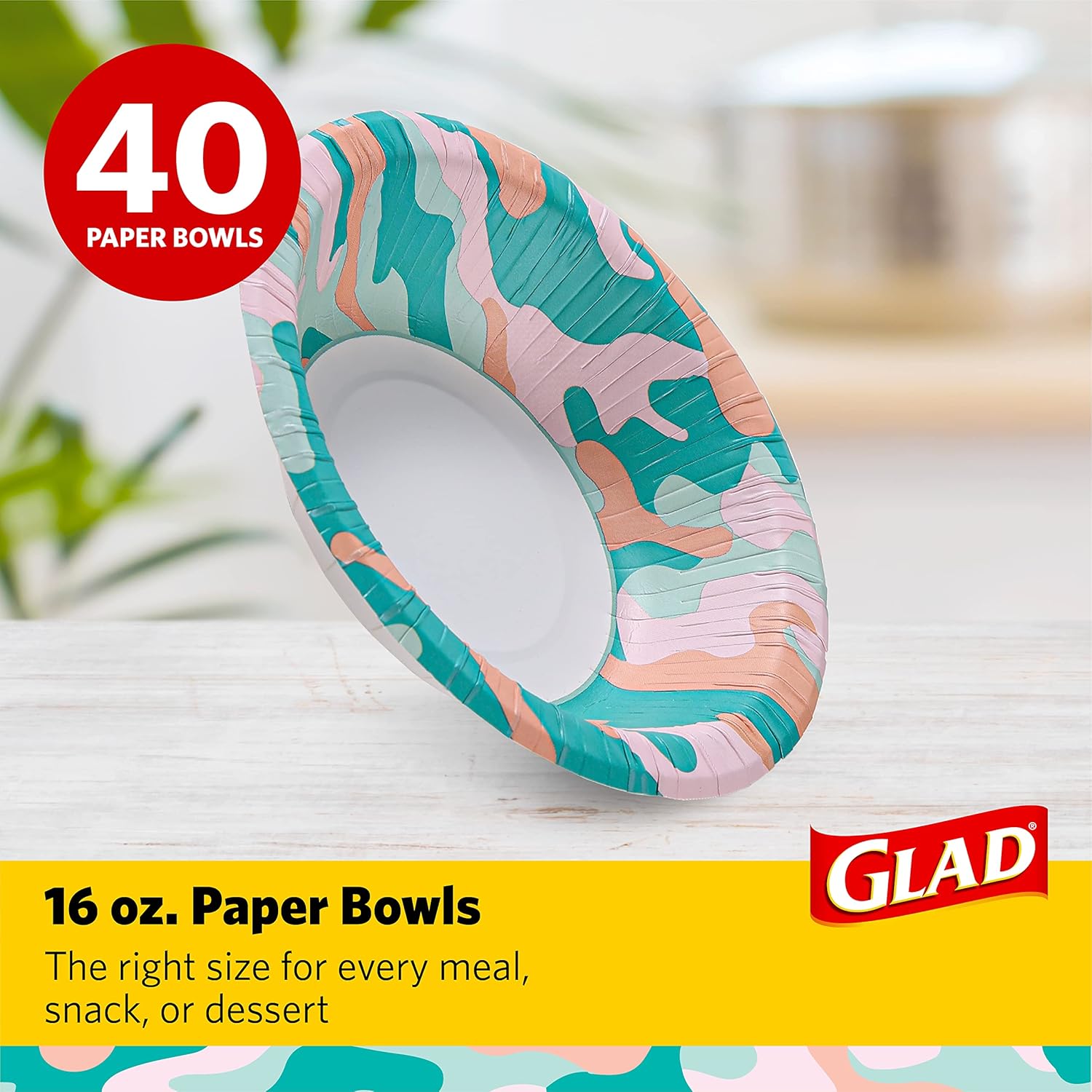 Glad Everyday Disposable Paper Bowls with Camo Design | Soak Proof, Cut-Proof, Microwaveable Paper Bowls, Heavy Duty Disposable Bowls for Everyday Use | 16 Ounces, 40 Count : Health & Household