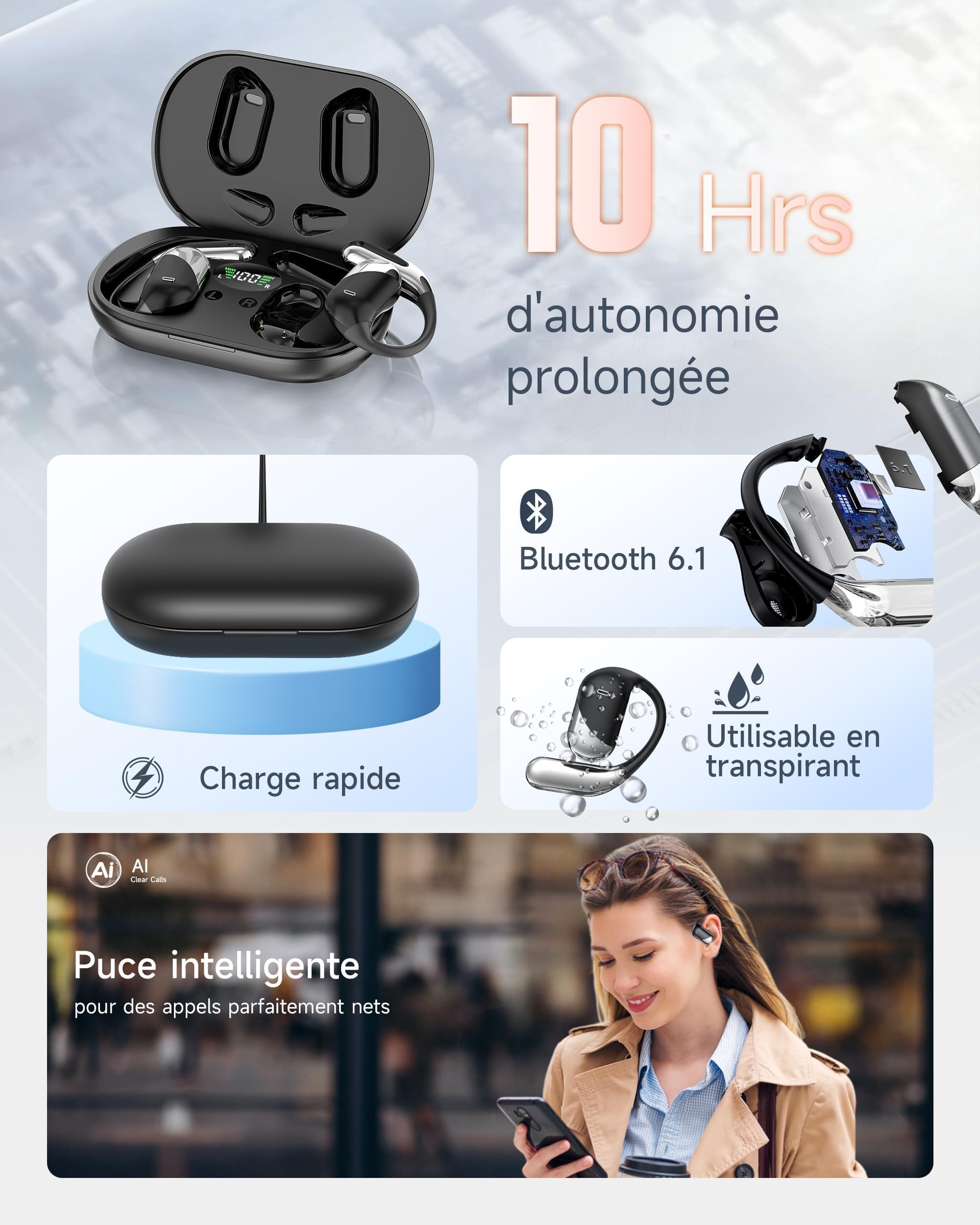 Paekole Casque à Conduction Osseuse, Écouteurs Bluetooth V6.1 sans Fil avec Micro, Autonomie 80 H, Écouteurs Étanches IP7, Casque Sport avec Crochet d'oreille pour Fitness/Musique/Appel