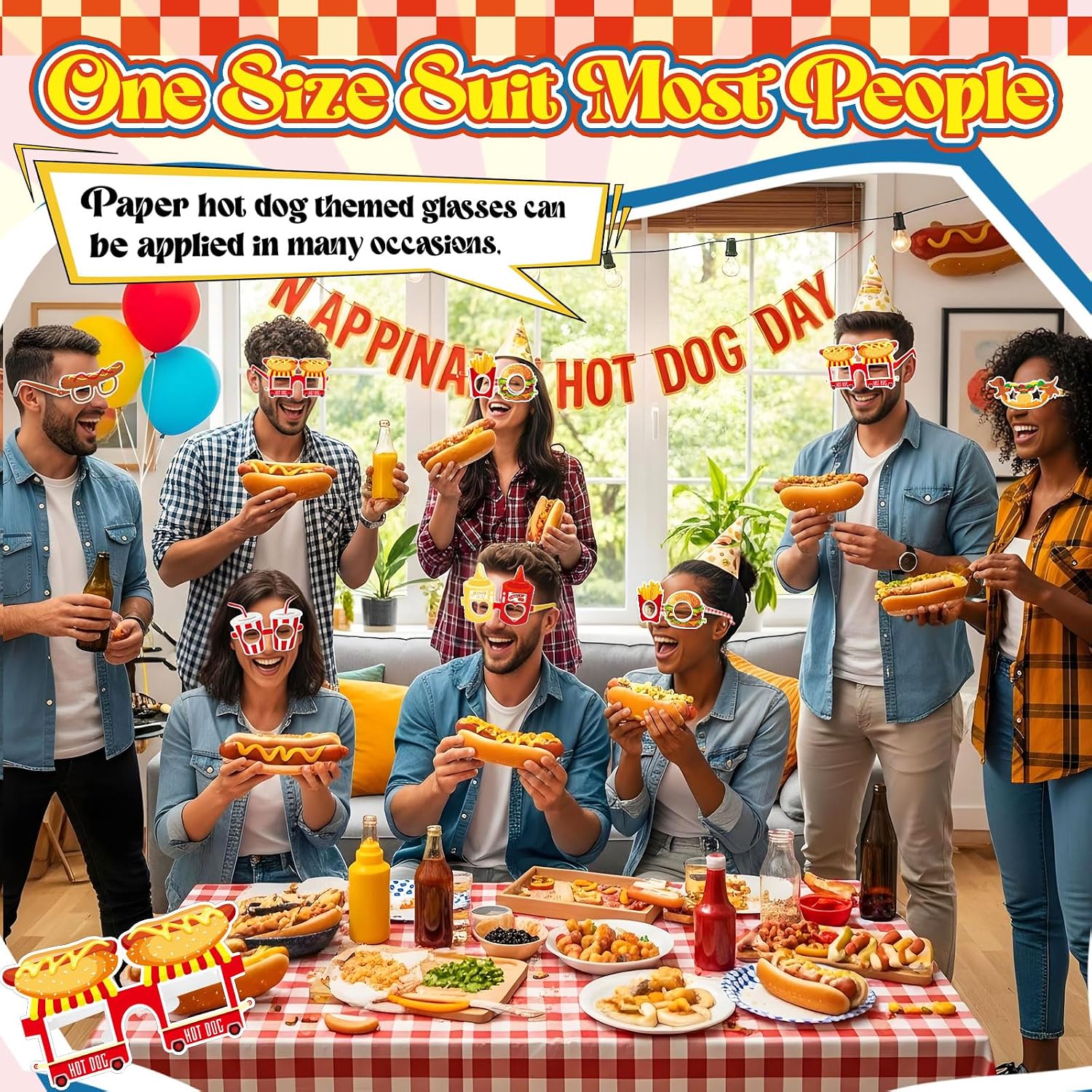 Tenare 12 Pcs Hot Dog Party Decorations Funny Hot Dog Paper Eyeglasses for Photo Booth Props Fast Food Themed Costume Birthday Dance Party Headband BBQ Summer Luau Picnic Supplies