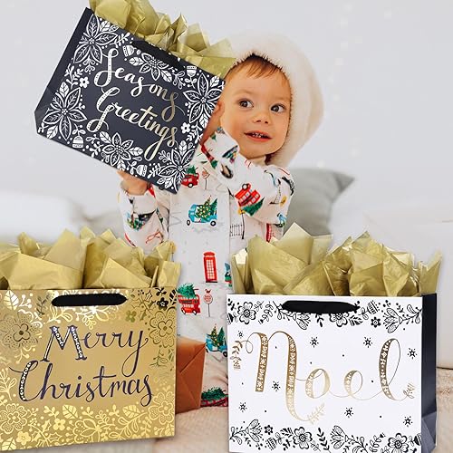 Miniatura 8 de PAPER FAIR 12 bolsas de regalo de Navidad color azul marino, metálico dorado y blanco, grandes de 12.5 x 10.5 pulgadas, bolsas de regalo de Noel