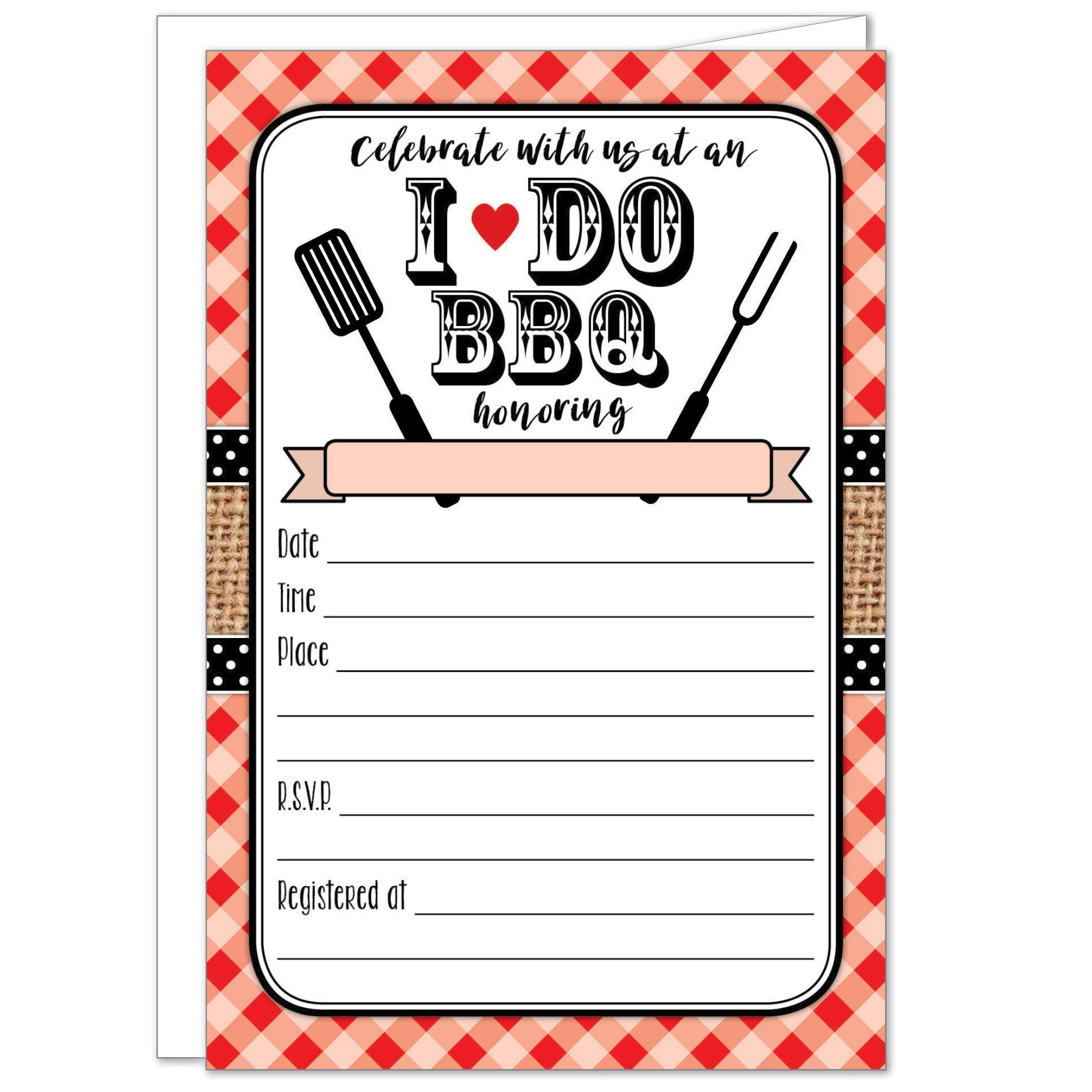 20 Red I Do BBQ Invitations with Envelopes - Gingham and Burlap