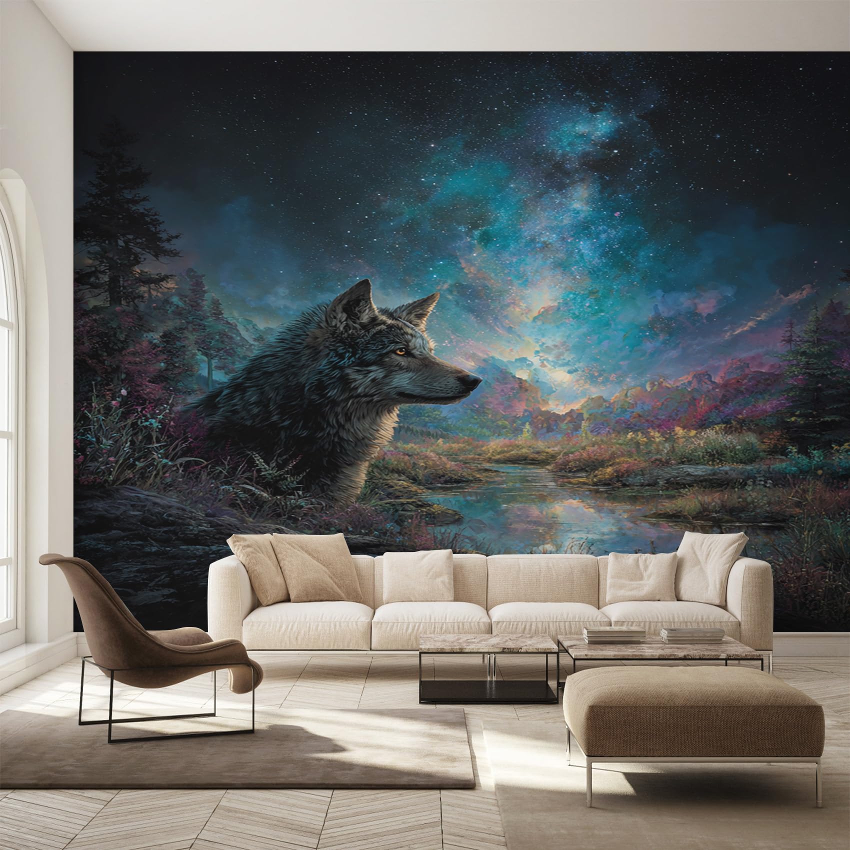 Fresque murale intissé loup et ciel galaxie pour un revêtement mural premium