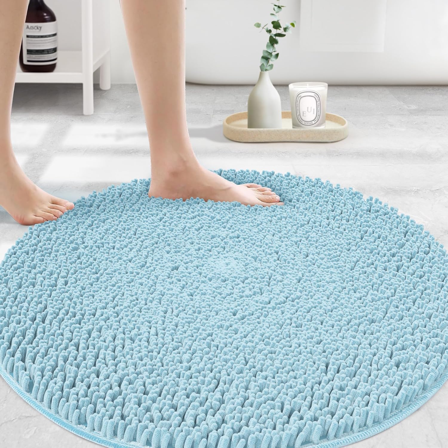 MAYSHINE Round Area Rug Set for Bathroom | Soft Plush Chenille Bath Mat, Water Absorbent Non-Slip Bathroom Rug | Washable Shag Carpet for Shower, Bedroom, or Home Décor | 36"x36" (Round) | Spa Blue