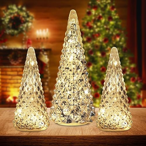 Decoraciones de Navidad para interiores, juego de 3 árboles de Navidad de cristal dorado preiluminados para decoración del hogar, decoración de mesa