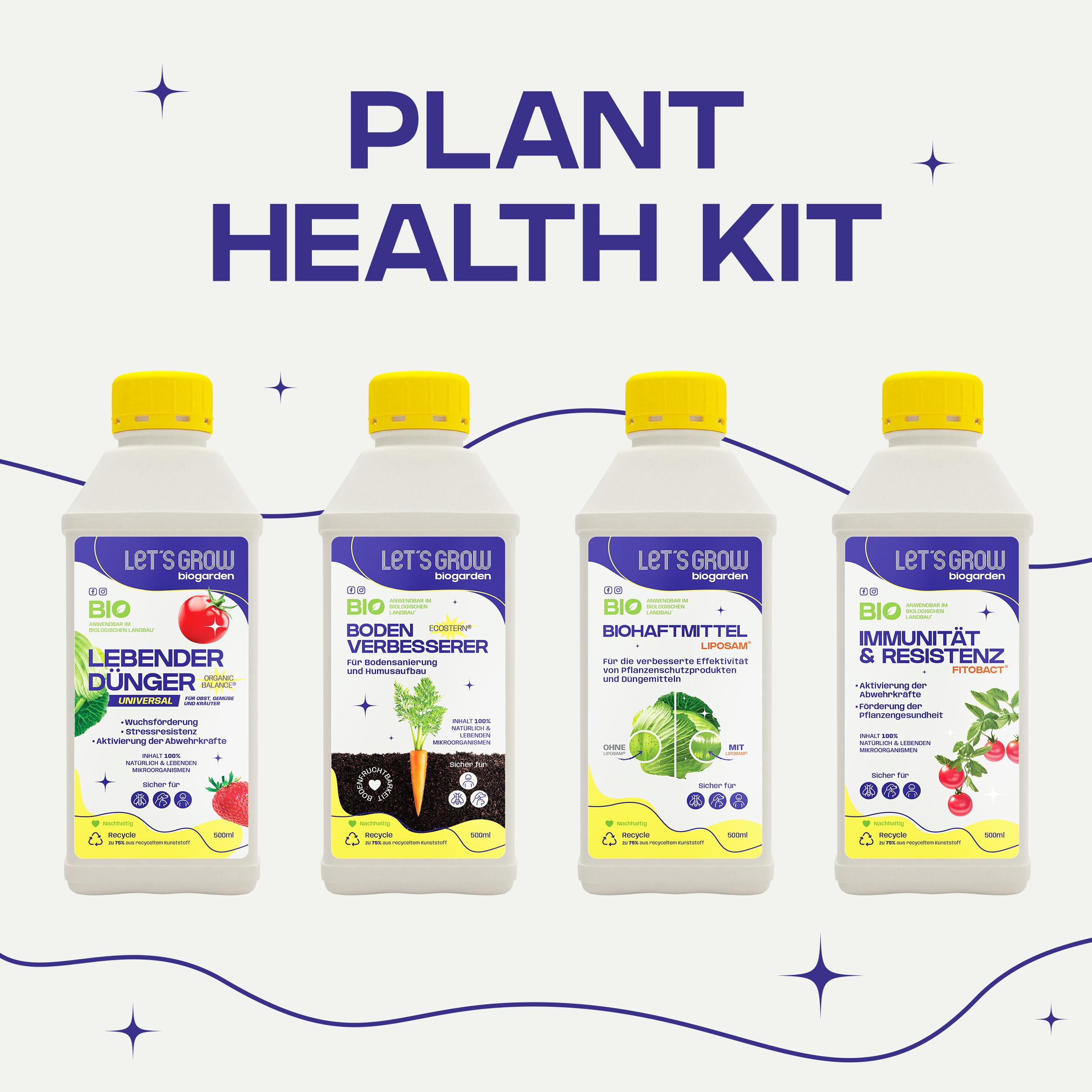 Plant Health Kit: Let’s Grow Bio - Lebender Dünger Organic-Balance®, Bodenverbesserer Ecostern®, Immunität&Resistenz Fitobact® und Bio-Haftmittel Liposam®, 4x500ml