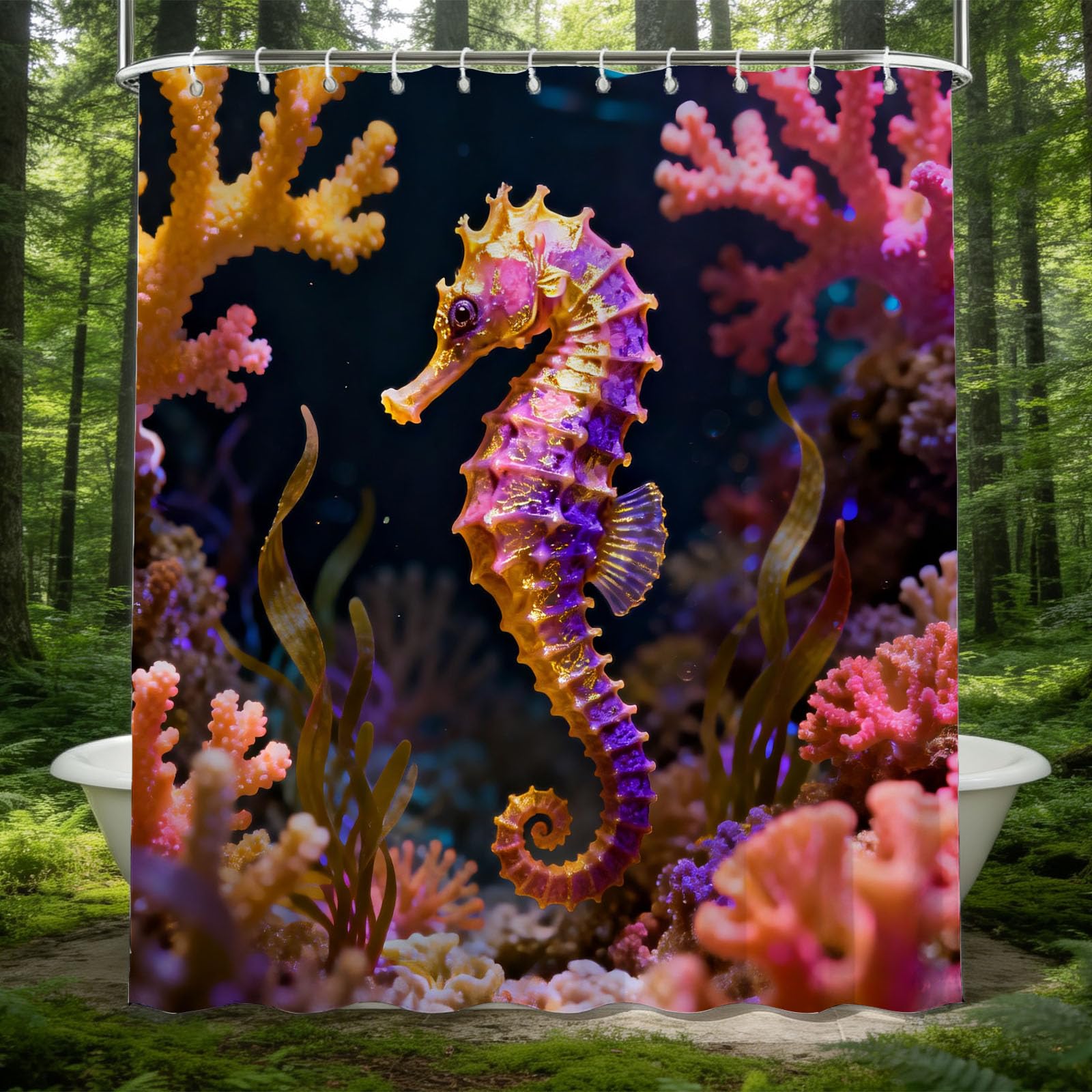 Hongduo 3D 3D Seahorse Shower Curtain for Stalls Bathtubs Coral Bathroom Decor Shower Curtain Set Polyester Fabric Waterproof 180x200cm/71X79 Inch with Hooks