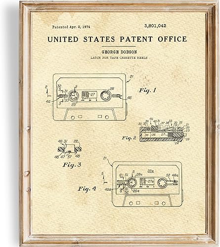 Miniatura 1 de Cinta de casete con estampado de patente para pared, sin marco, 8 x 10 pulgadas, añade un toque de nostalgia y encanto a tu hogar u oficina,