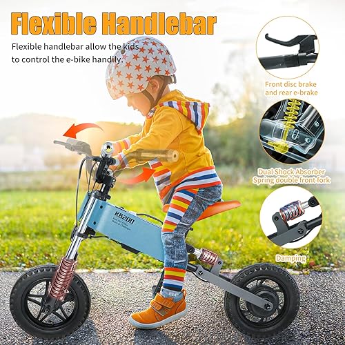 Miniatura 5 de RIGO Bicicleta eléctrica para niños de 3 a 10 años, bicicleta de equilibrio eléctrica con neumático inflable de 12 pulgadas, absorción de golpes,