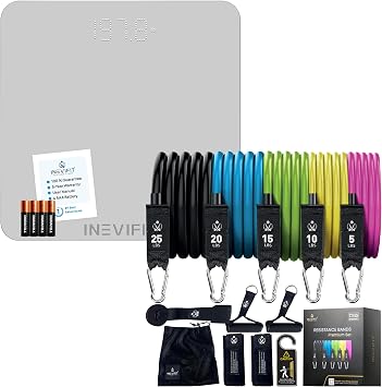 INEVIFIT Home Fitness Bundle. Premium Bathroom Scale & 150 LBS Resistance Band Set for Strength Training