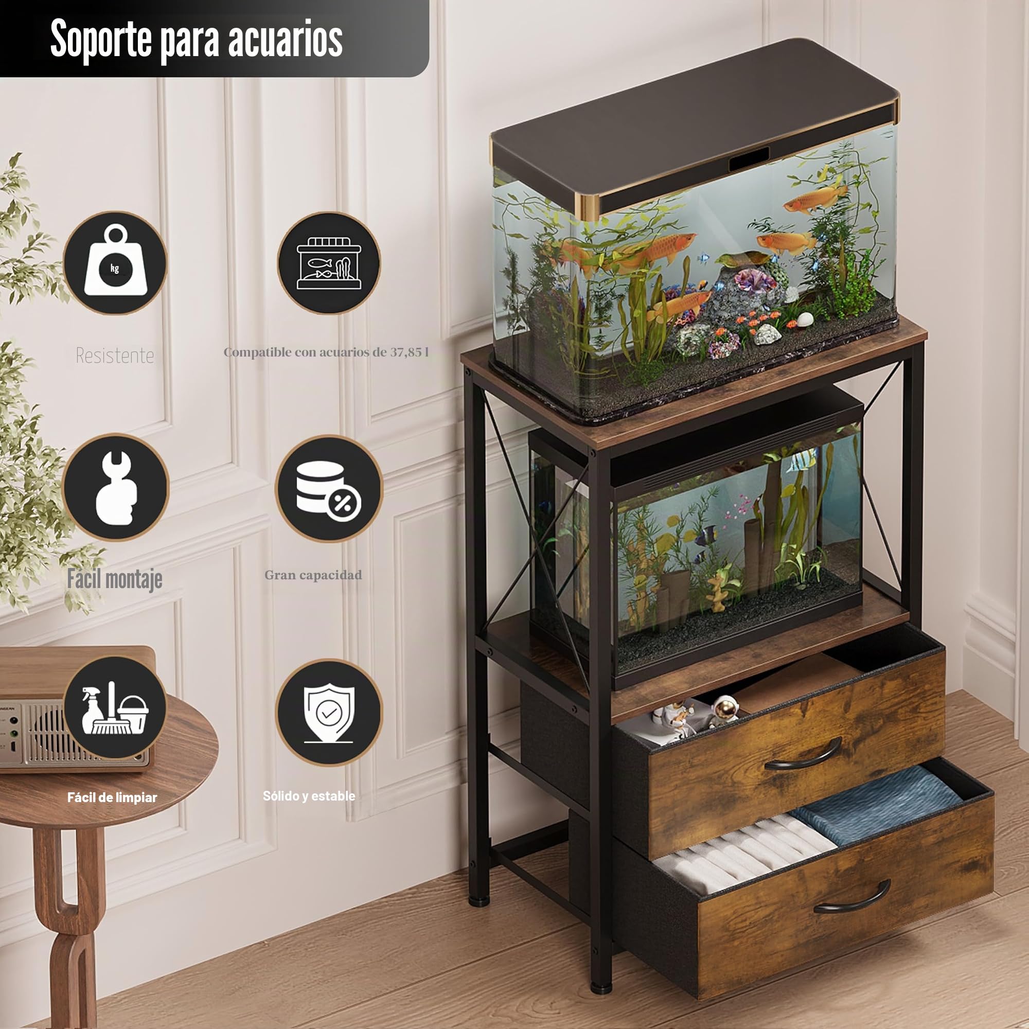 Soporte para acuario, 38 L, con 2 cajones, para peces, tortugas y reptiles, mesa de 2 niveles, marrón rústico