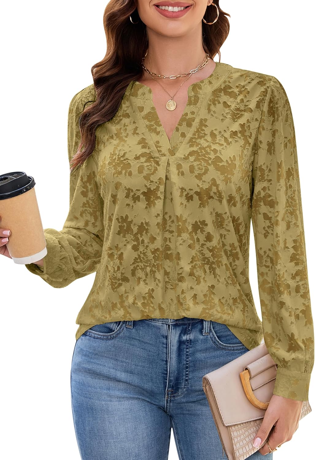 Blooming Jelly Womens Dressy Casual Blouses Business Long Sleeve Tops Jacquard V Neck Work Shirts Fall Fashion Clothes