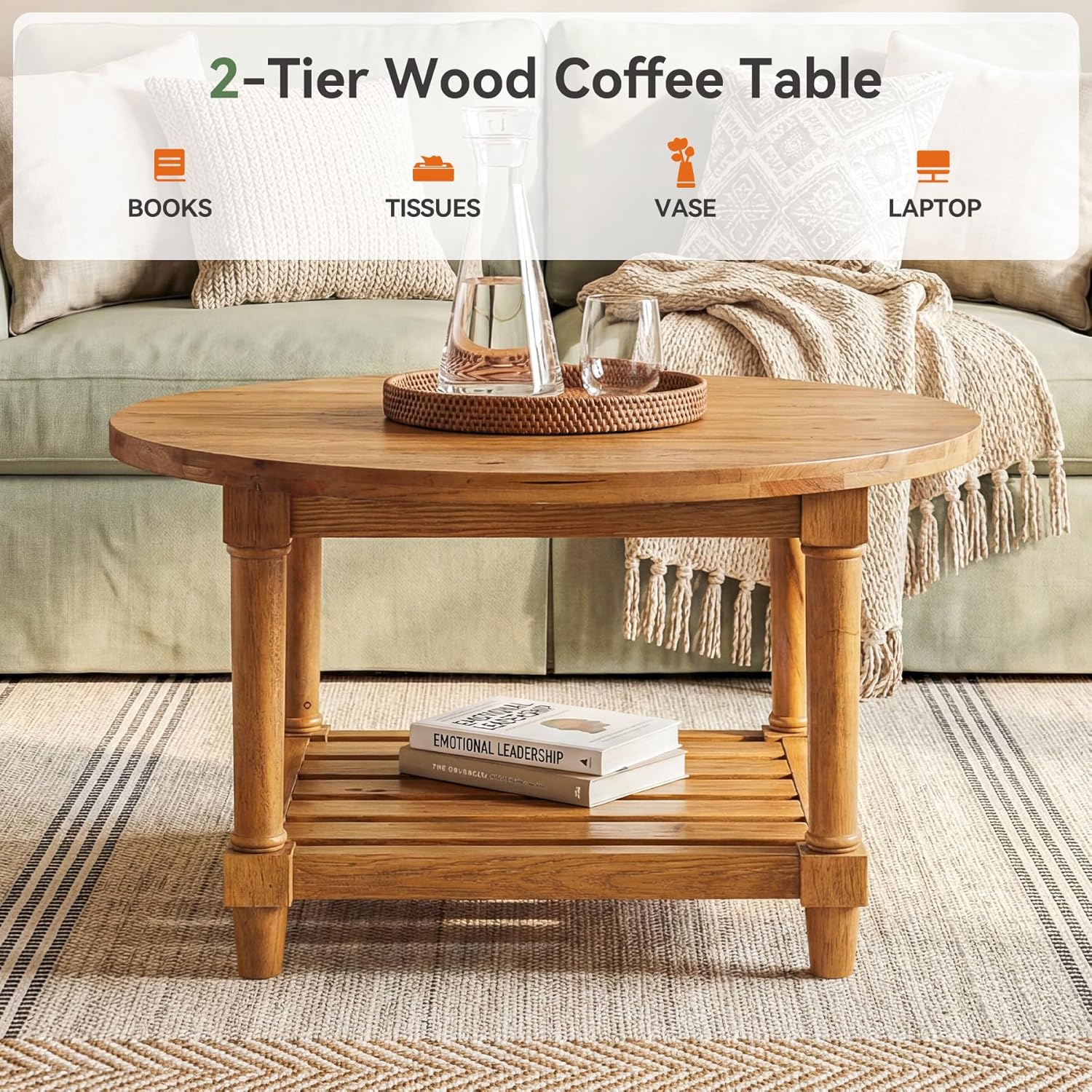 Round Coffee Table, 31.5" Farmhouse Solid Wood Center Table with Storage, 2-Tier Circle Accent Table for Living Room, Small Spaces, Apartment, Rustic Brown