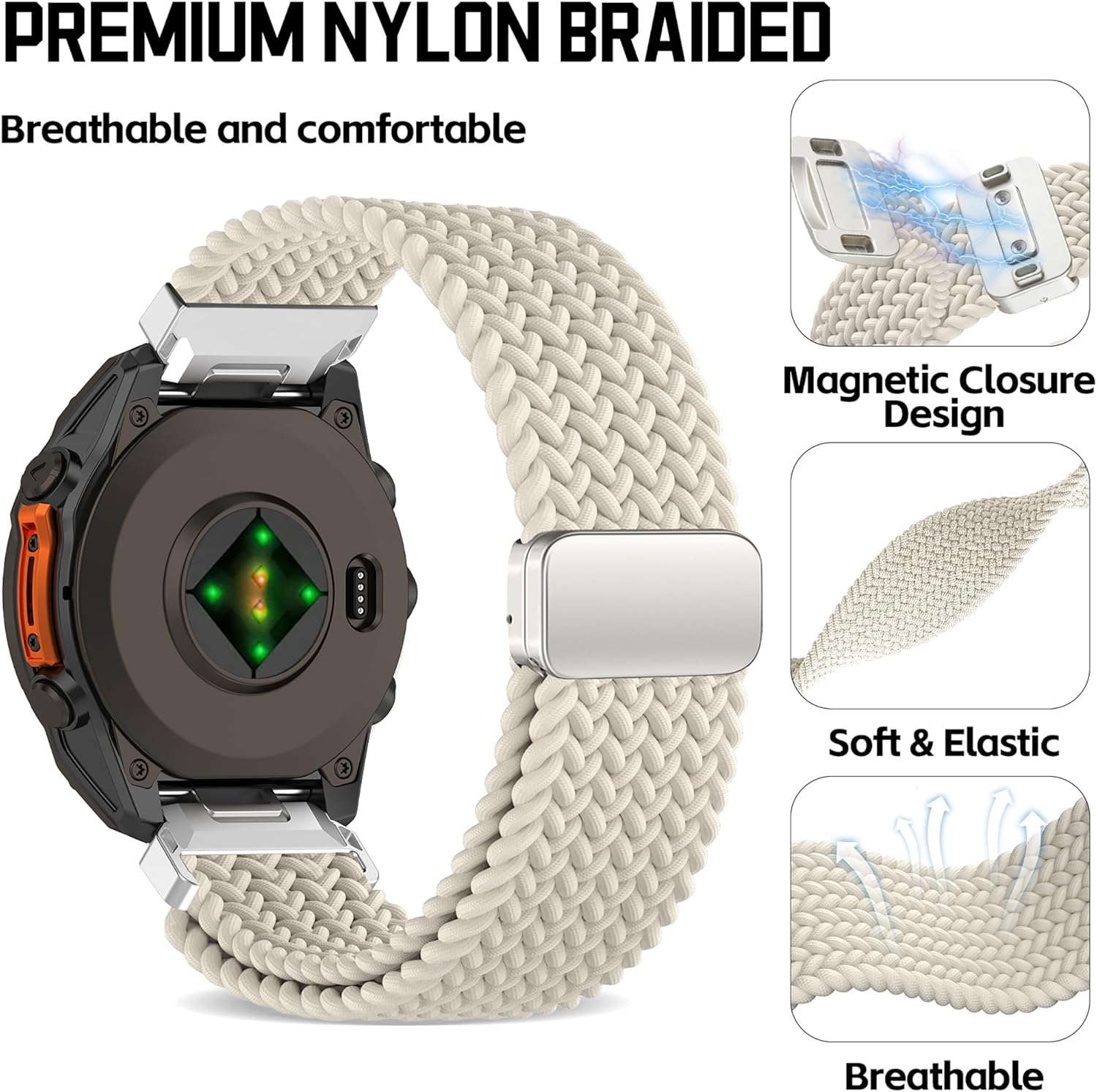 Laband QuickFit 26mm Magnetic Braided Compatible with Garmin Fenix 8 51mm Watch Band/7X Pro/7X/6X/5X/5X Plus/Fenix 3/2X, Stretchy Nylon Elastic Fabric Strap for Enduro 3/Instinct 2X/Descent MK1 - Image 2