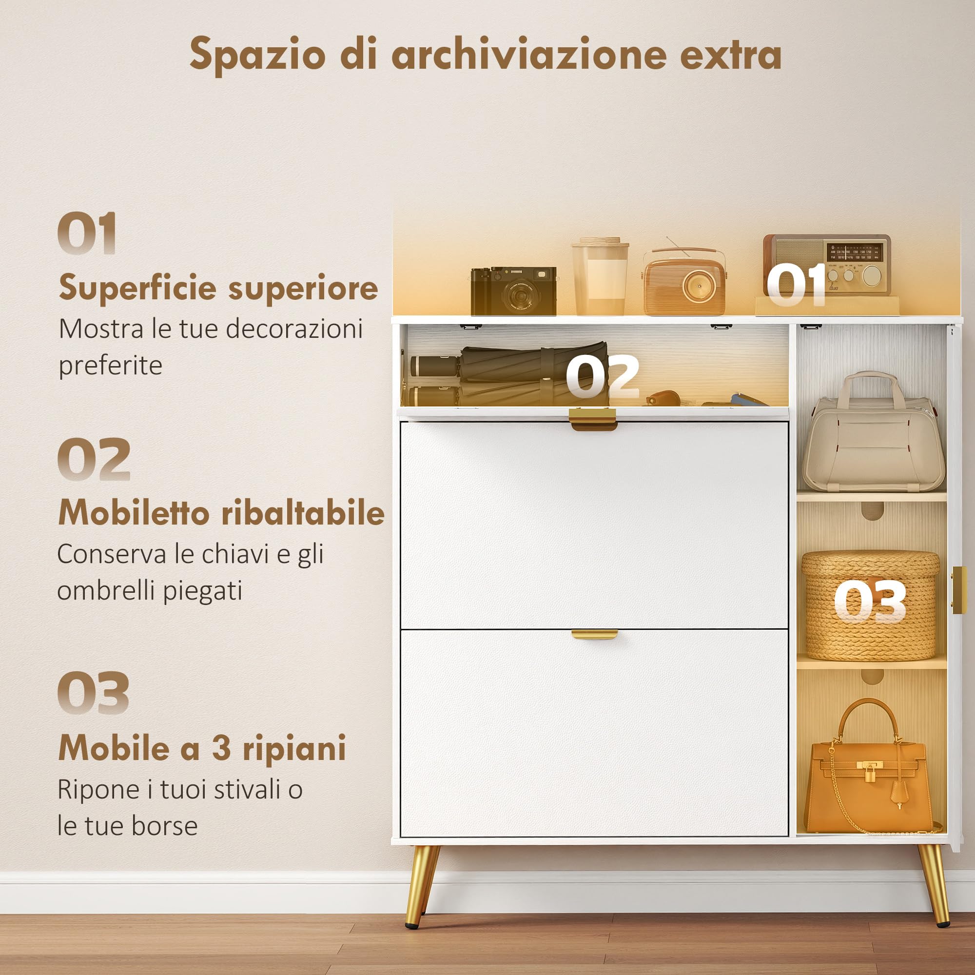 HOMCOM Scarpiera Salvaspazio Slim con Ante a Ribalta Effetto Pelle e Armadietto, Scarpiera Ingresso con Ripiani Regolabili, Base Rialzata, Porta Scarpe per 12 Paia con Maniglia, Bianco
