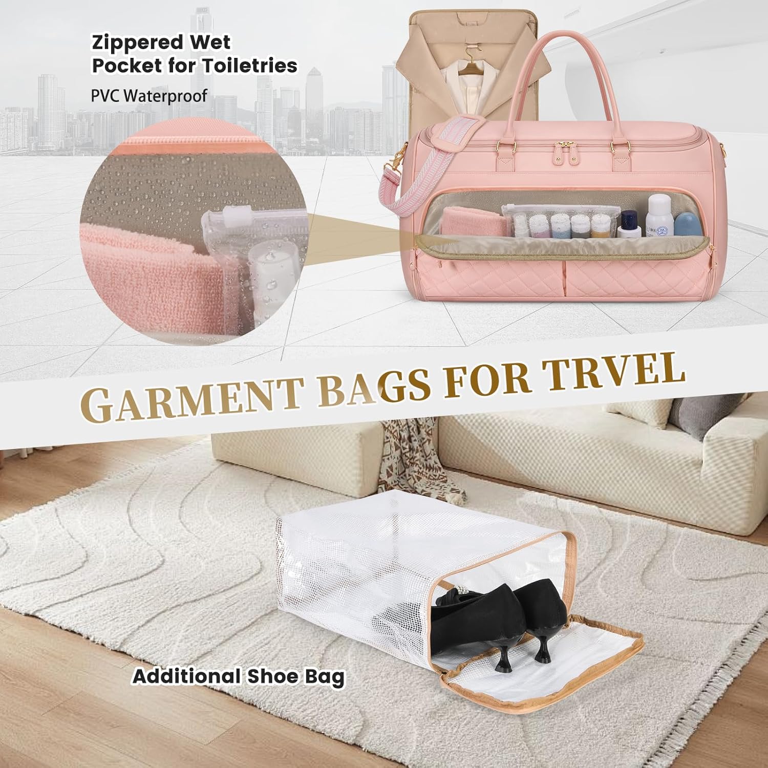 RAINSMORE Garment Bags for Travel Women Convertible Garment Duffle Bag for Hanging Clothes, Large Carry On Garment Bag with Shoe Bag & Wet Pocket, Foldable Dress Suit Business Travel Weekender Bags