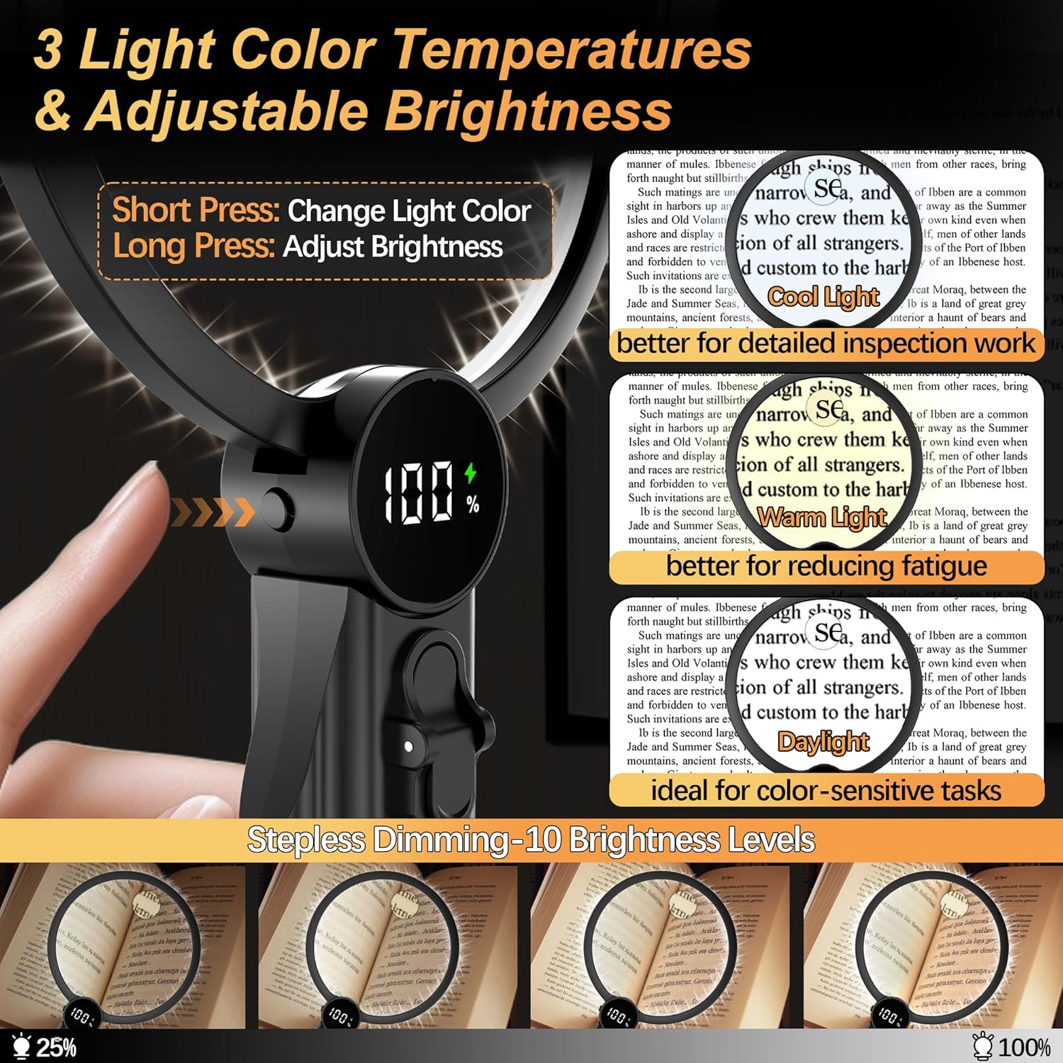 Hands Free Magnifying Glass with Light, 2500mAh Flat Strap Neck Magnifier with LED Display & 3 Color Light, 5X 15X Lighted Magnifying Glasses for Crafts Cross Stitch Sewing Reading, Low Vision Seniors