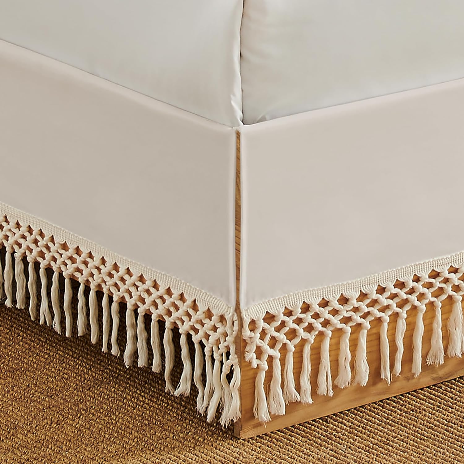 Minimalist Macrame Boho Chic Solid Ivory 60x80 Full/Queen Size Bed Skirt with 14" Drop Luxury Cream Fringe Knotted Cotton Tassel Decorative Dorm Teen Home Bedroom Decor Dust Ruffle College Washable