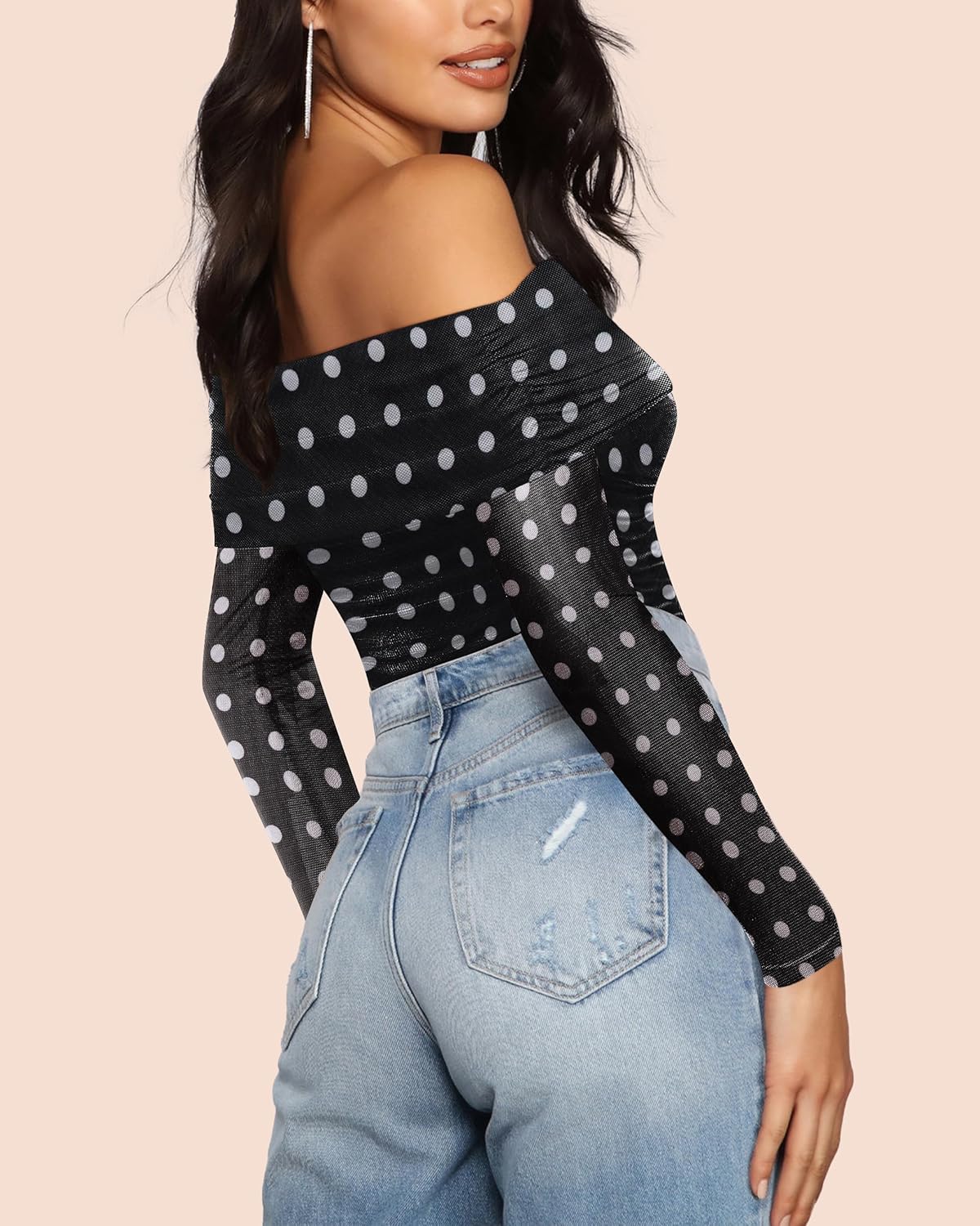 SAUNGKUAI Women's Off The Shoulder Long Sleeve Bodysuit Sexy Slimming Body Suit Tops Sheer Mesh Ruched Fall Outfits 2026 - Image 5