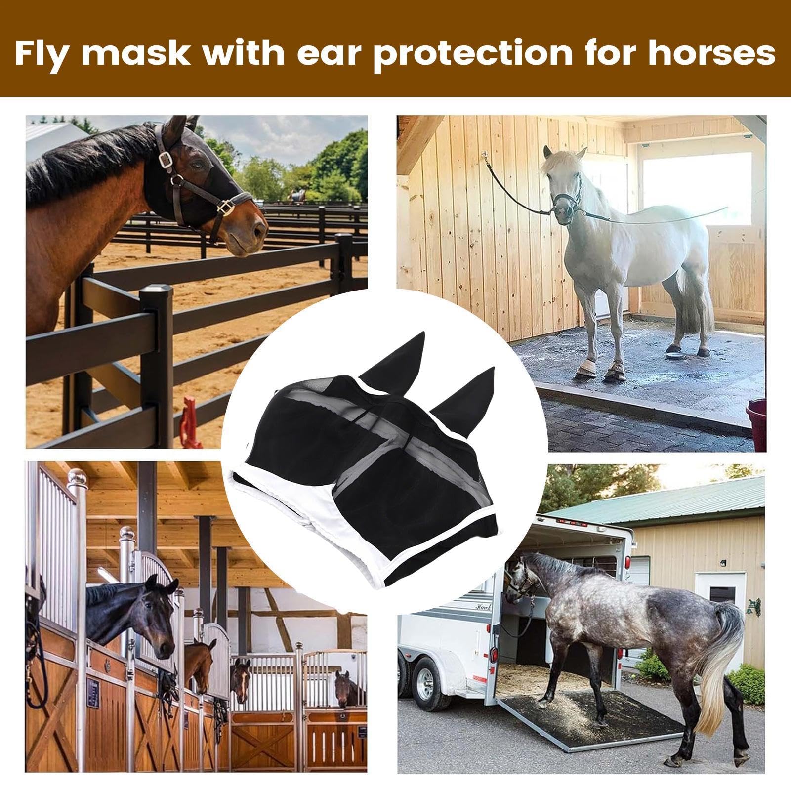 Masque Anti-Mouches pour Cheval | Tissu Respirant Protection UV - avec Oreilles Sangle Élastique Large Espace pour Les Yeux Demi-Masque - pour bétail, Vaches, Ferme, Toutes