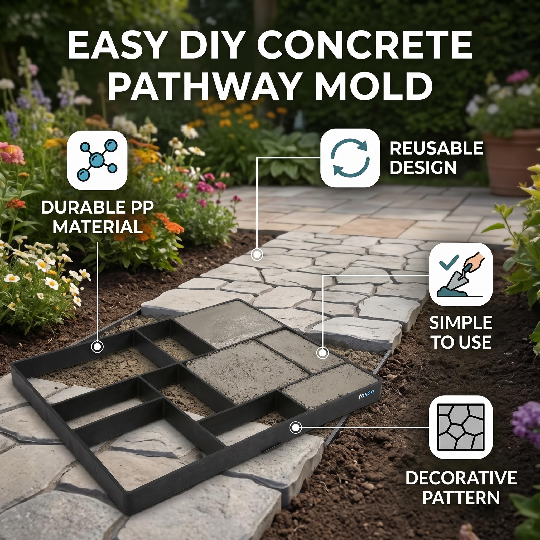 Ejoyous Molde de Piedra Paso a Paso, Molde de hormigón para pavimentar, fácil Uso DIY para decoración de jardín