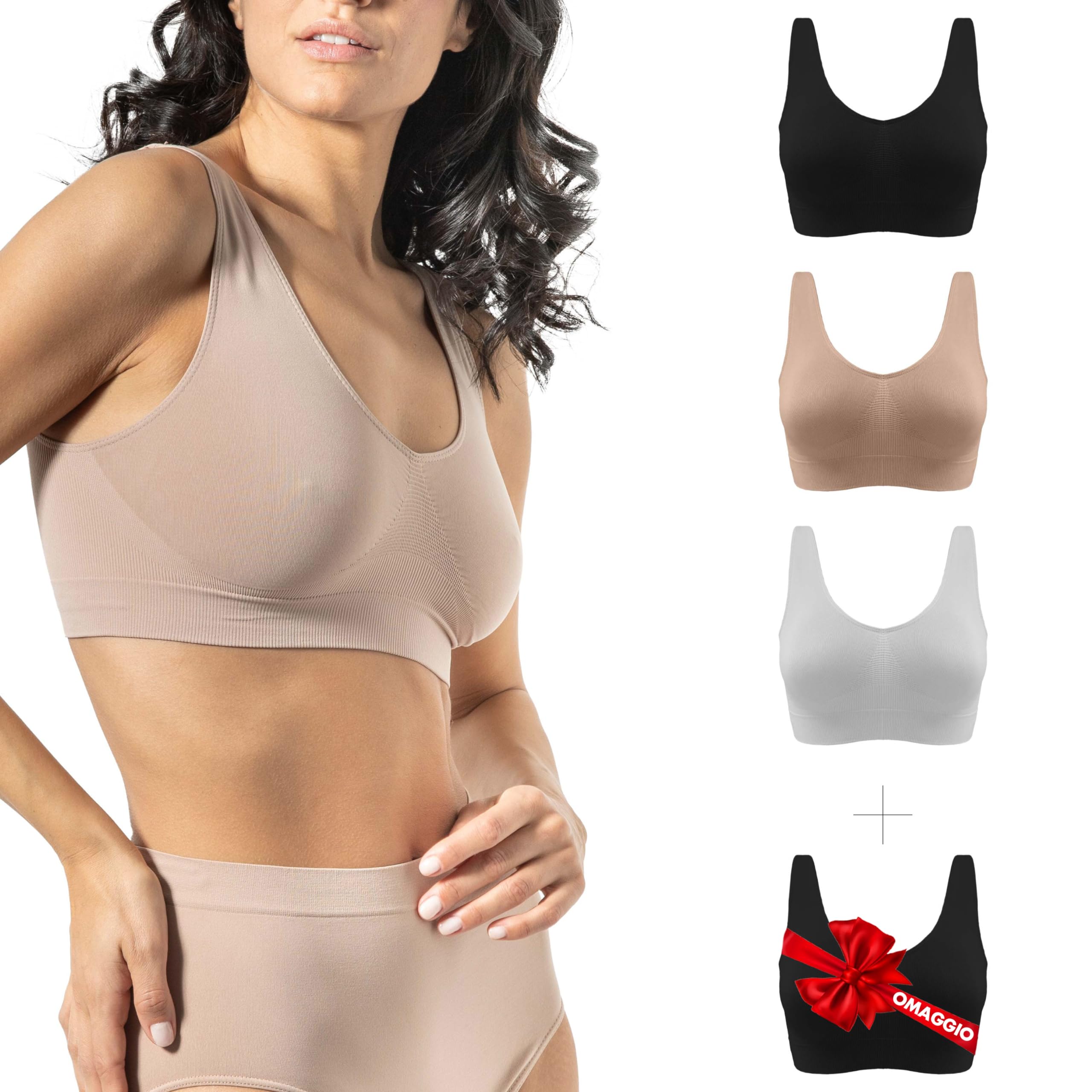 Risalti Reggiseno Senza Ferretto Spalla Larga 3 pz - Bralette Donna in Microfibra, Brassiere Top Donna Elasticizzato, Intimo Donna, Senza Cuciture - Made in Italy