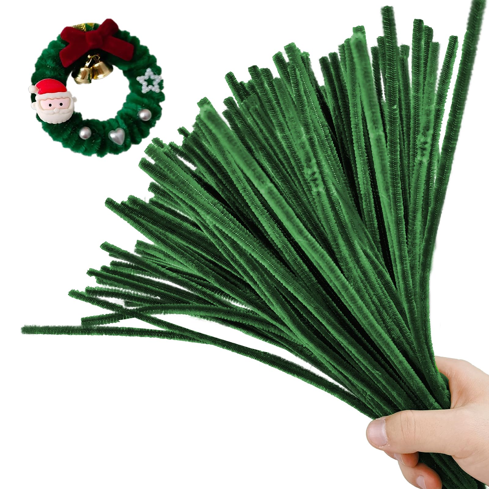100 PCS Christmas Green Pipe Cleaners Craft Bulk DIY Art Supplies for Kids, Adults Crafts, Thick Chenille Stems Fuzzy Wire Sticks Holiday Decorations and School Supplies