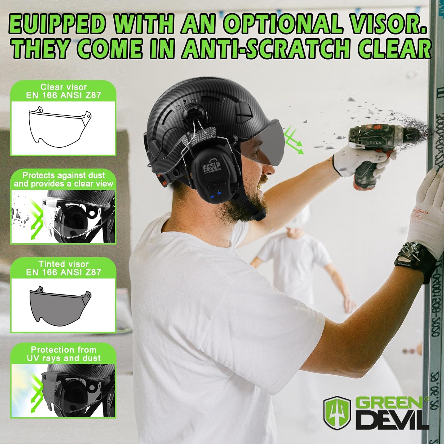 GREEN DEVIL Safety Helmet Hard Hat with Visor and Bluettoth Ear Muffs Vented Work Helmet for Men and Women ANSI Z89.1 Approved Hardhat Ideal for Industrial & Construction - Image 5