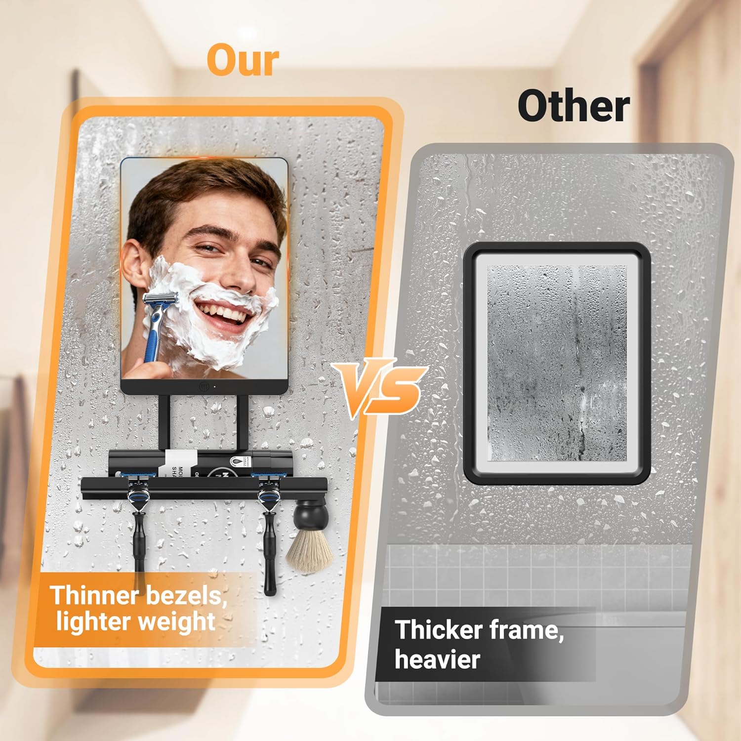 Heated Shower Mirror Fogless for Shaving，Fog Free Shaving Mirror for Shower with Razor Holder，360°Roating Shaving Mirror for Shower Fogless，5000mAh Long-Lasting Anti Fog Shower Mirror (Dark Brown）