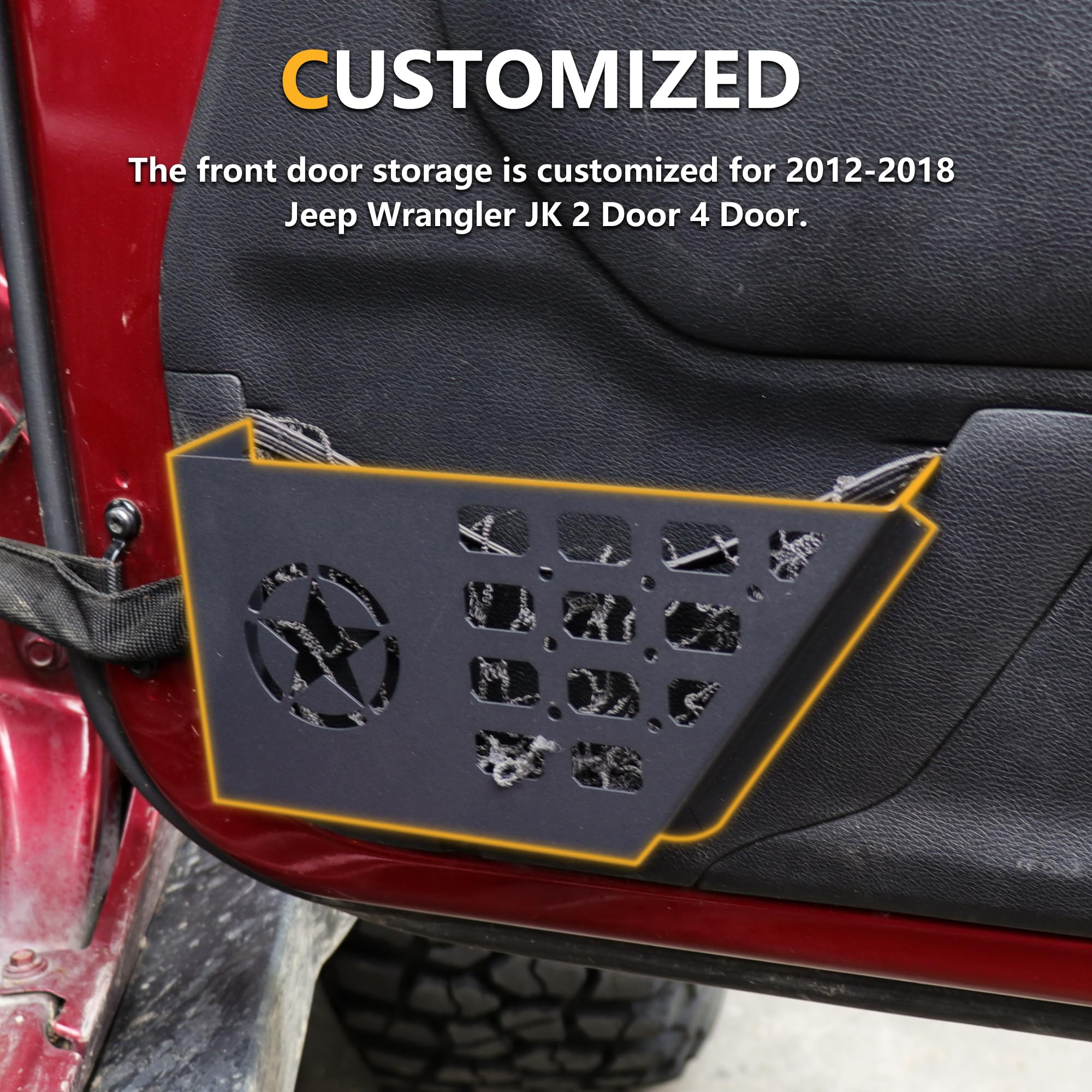 Vordertür-Aufbewahrungstaschen, Organizer-Box für Jeep Wrangler JK JKU Unlimited 2/4-Tür-Einsatz, Aufbewahrungserweiterung, Innenzubehör, 2 Stück, schwarzes Metall mit Stern