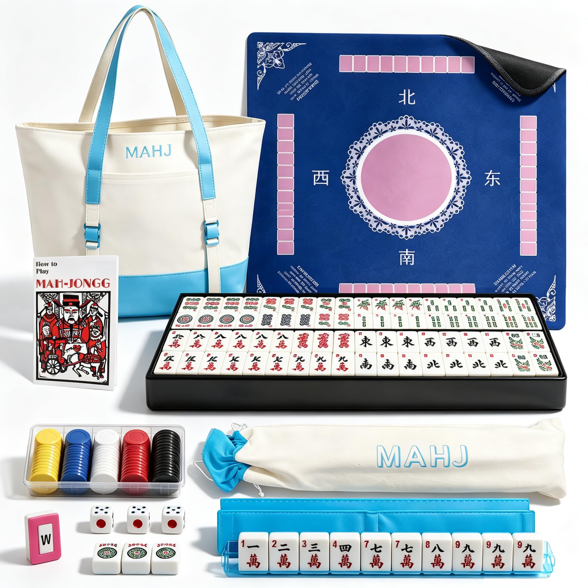 American Mahjong Set, Mahjong Fliesen Set mit Premium Mahjong Matte, 166 tief gravierte Melamin-Fliesen, 4 Rackschieber, große Punktechips, Reise Mahjong Spielset