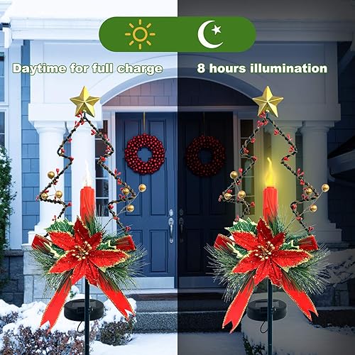 Miniatura 7 de ALLADINBOX 2 luces solares de 32 pulgadas para exteriores, luces LED de camino de Navidad, estacas de jardín de metal, adorno de patio