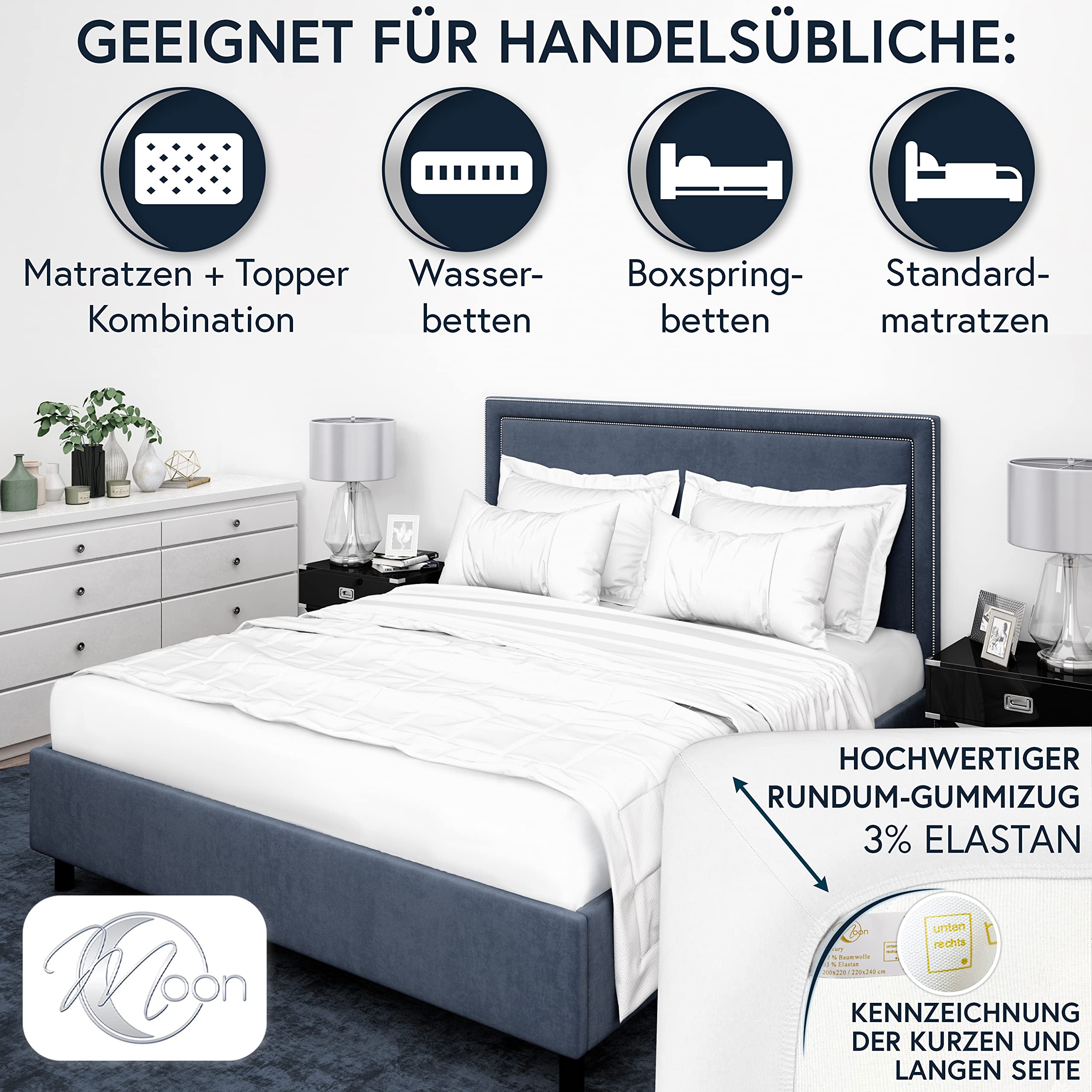 MOON-Luxury Spannbettlaken Spannbetttuch Jersey Stretch 230g/m² für Wasserbetten, Boxspringbetten und herkömmliche Matratzen (weiß, 180x200-200x220)