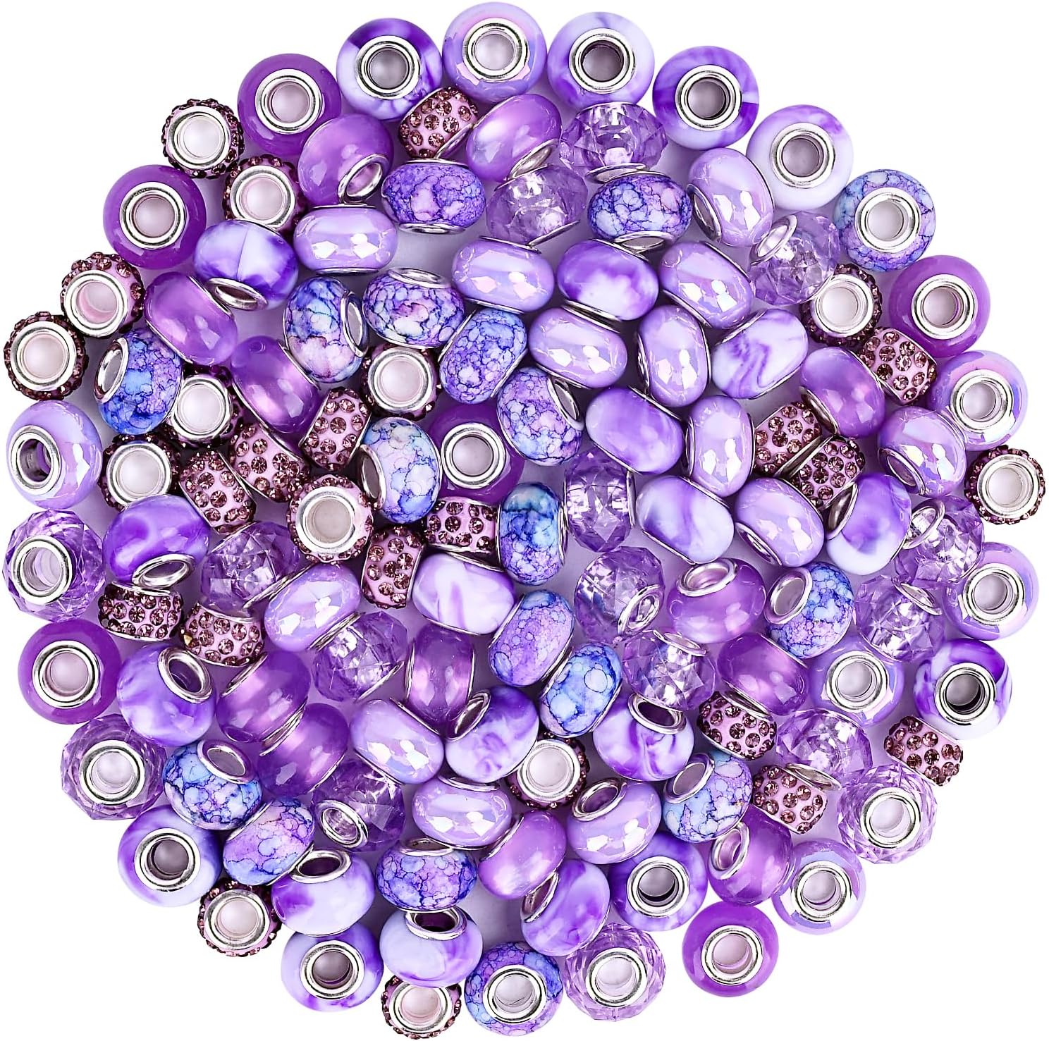 120pcs European Large Hole Beads, Assortments Charm Lampwork Murano Spacer Craft Beads for DIY Charms Bracelet Necklace Earring Jewelry Making Supplies(Purple)