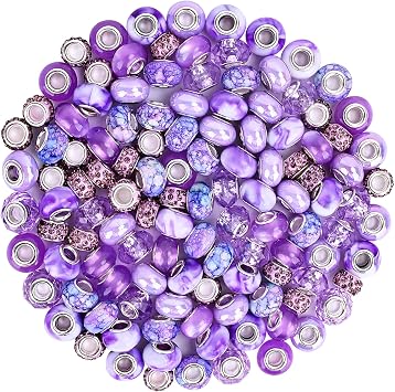 120pcs European Large Hole Beads, Assortments Charm Lampwork Murano Spacer Craft Beads for DIY Charms Bracelet Necklace Earring Jewelry Making SuppliesPurple
