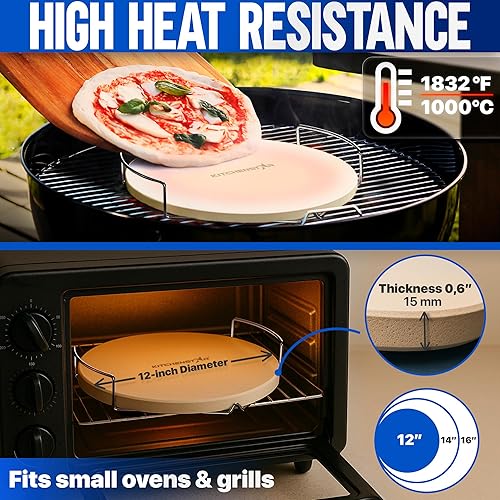 Miniatura 4 de KitchenStar Piedra para pizza de 12 pulgadas para horno y parrilla de barbacoa con asas, redonda, 58 pulgadas de grosor, cordierita natural,