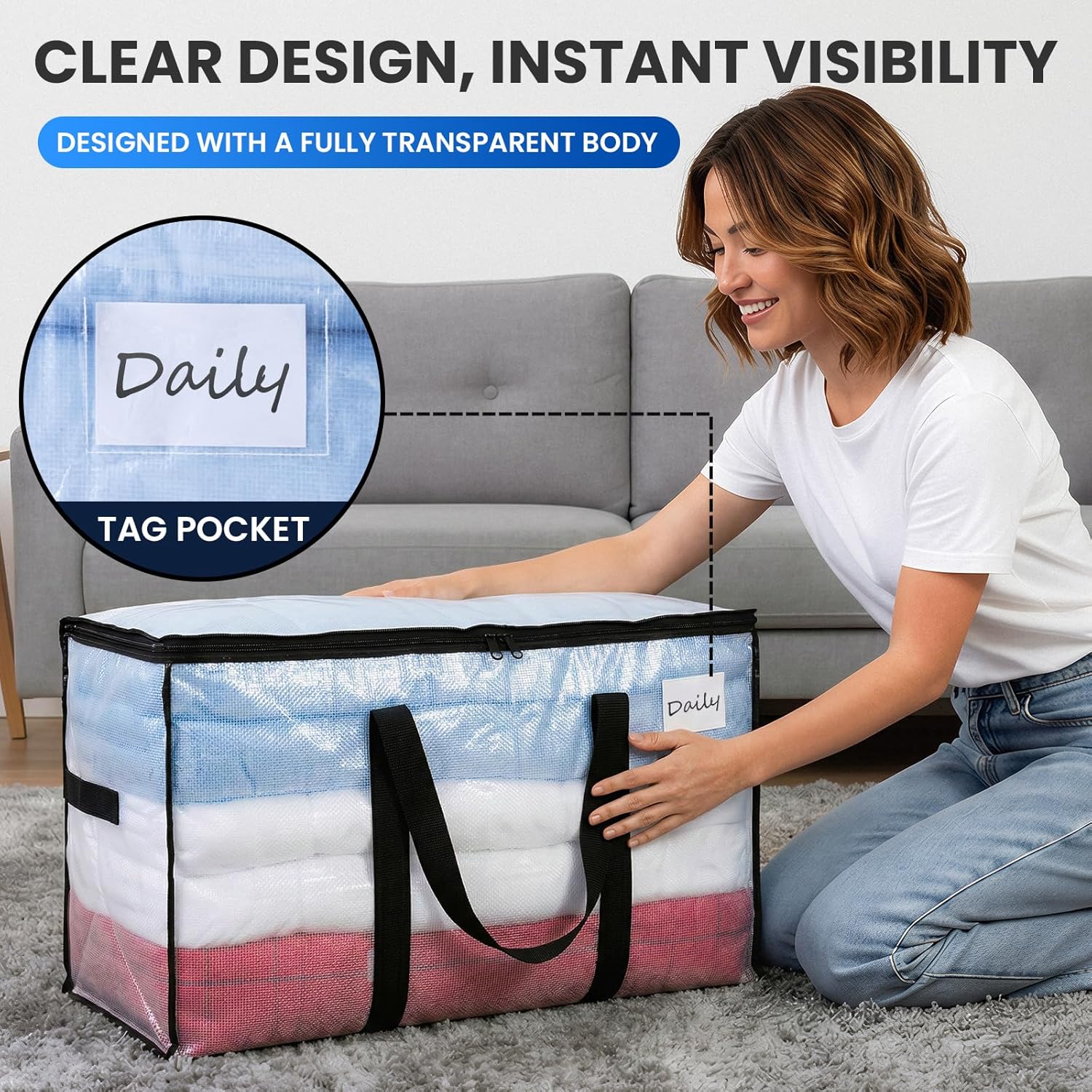 TAILI Extra Large Moving Bags, 6 Pack Clear Heavy Duty Totes For Storage with Visible Window, Wrap Around Handles, Storage Bags for Space Saving, Alternative to Moving Boxes