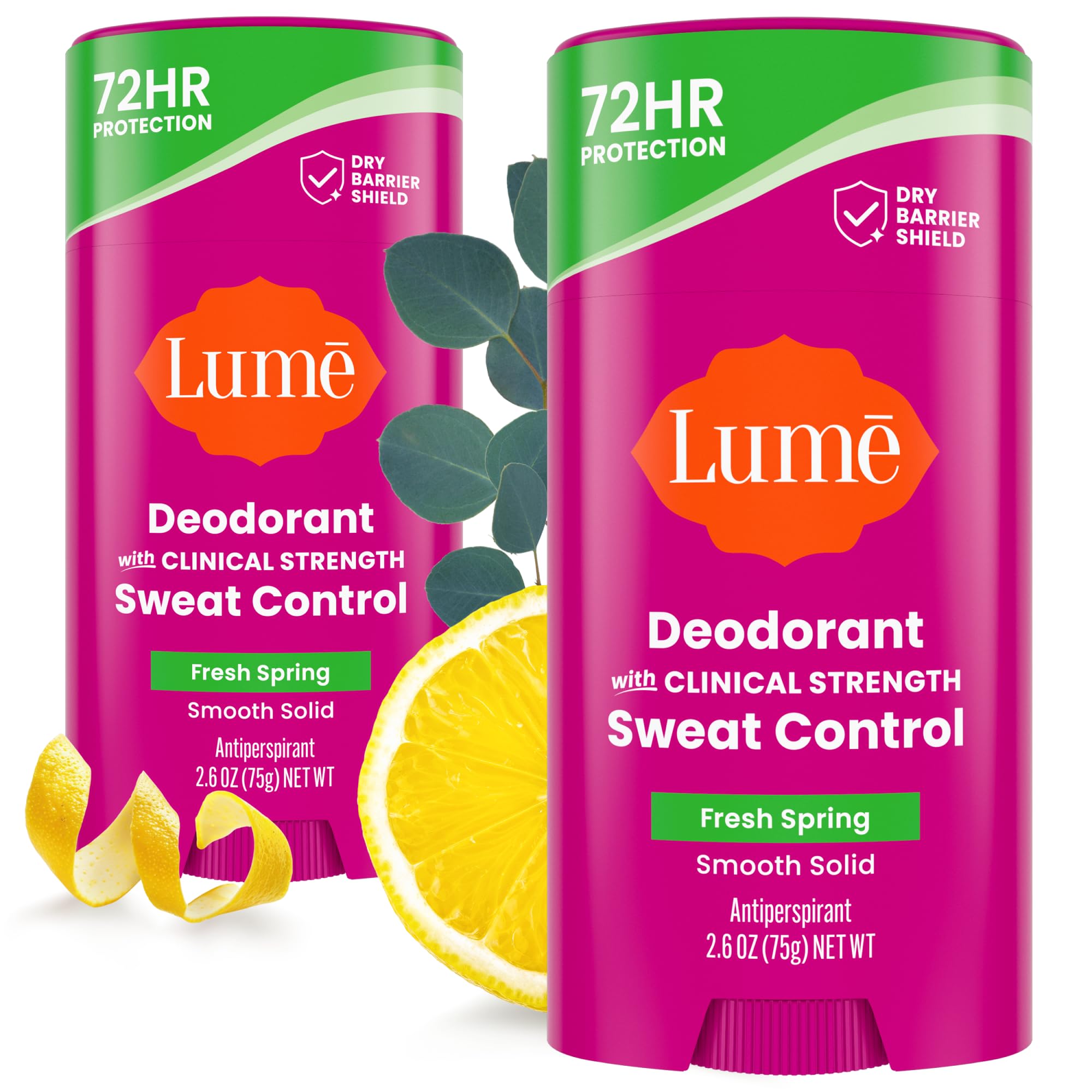 Lume Deodorant Plus Sweat Control - Smooth Solid Stick - Maximum Strength Antiperspirant - 72 Hour Odor And Sweat Control - Baking Soda Free, Skin Loving - 2.6 ounce (Fresh Spring) Pack of 2