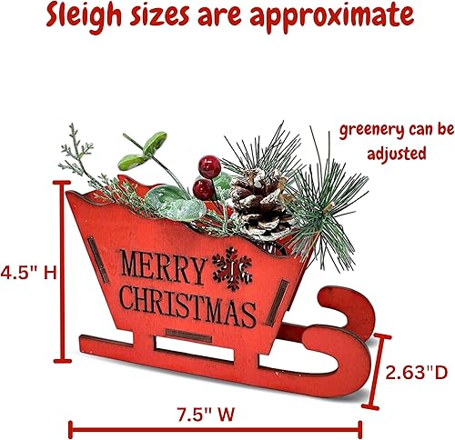 Miniatura 3 de BANBERRY DESIGNS Trineo de Papá Noel rojo  Juego de 2 trineos de madera con ramas de pino, piña y bayas rojas  Feliz Navidad  Decoración de centro