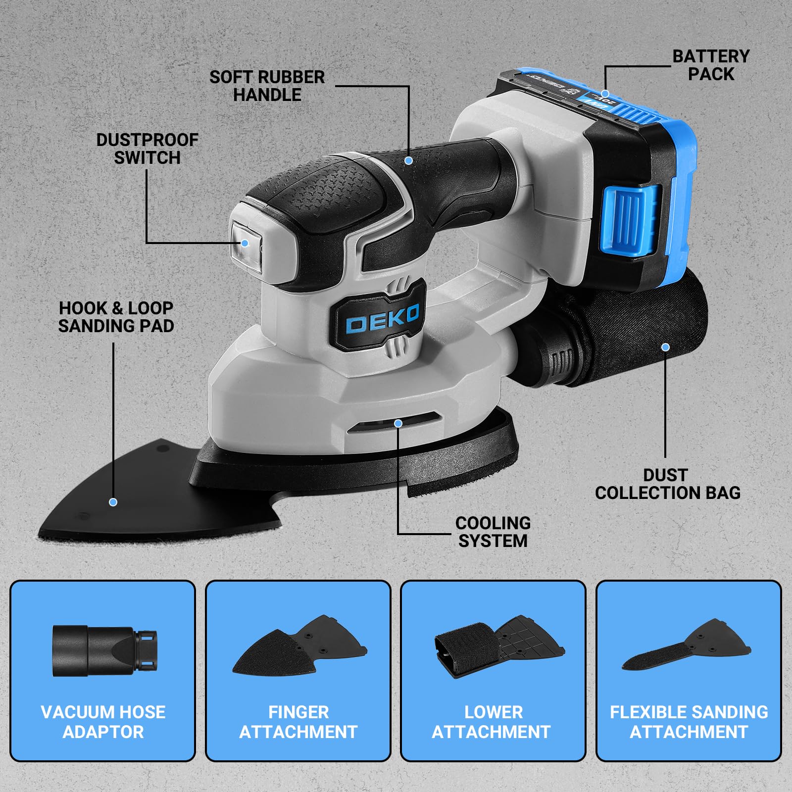 DEKOPRO Ponceuse Delta Sans Fil 20V: Ponceuse Triangulaire - Ponceuse Electrique 13000 RPM, Muni D'un Dépoussiéreur, 15 Papiers Verre - Idéale Pour Ponçage, Polissage et Travail Du Bois - Bleu