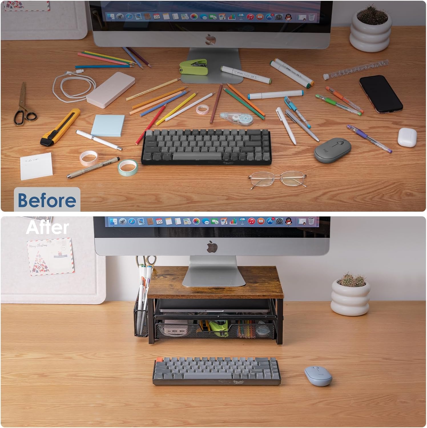 ARCOBIS Monitor Riser with Drawers and Pen Holders, Wood & Mesh Metal Computer Monitor Stand with Storage for Desk, Rustic Brown