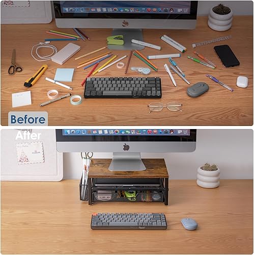 Miniatura 7 de ARCOBIS Elevador de monitor con cajones y soportes para bolígrafos, soporte para monitor de computadora de metal de madera y malla