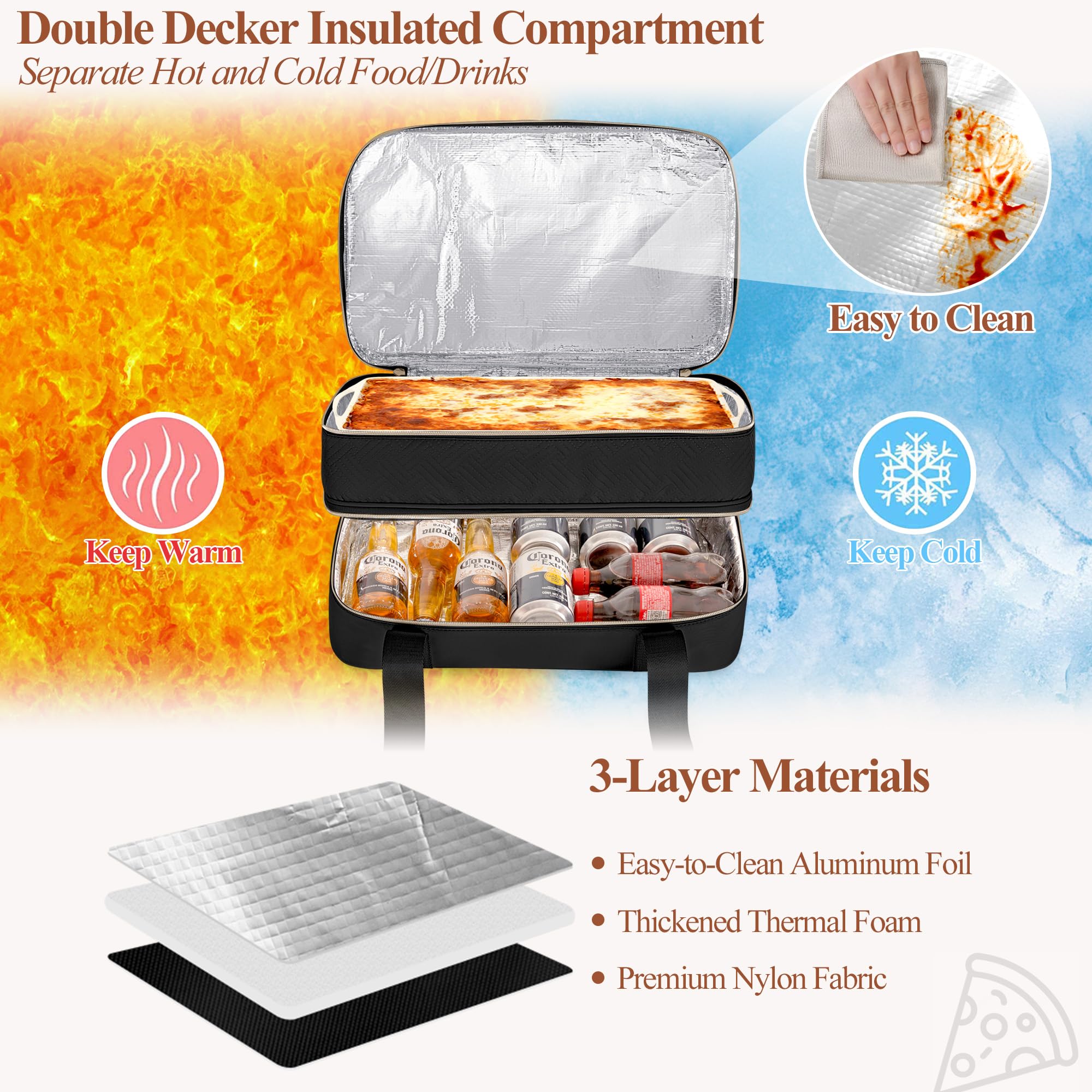 Trasportatore di casseruola isolato per alimenti caldi o freddi, borsa per bagagli per lasagne | Borsa termica per scaldavivande a due piani adatta a pirofile da 22,9 x 33 cm, borsa termica per picnic