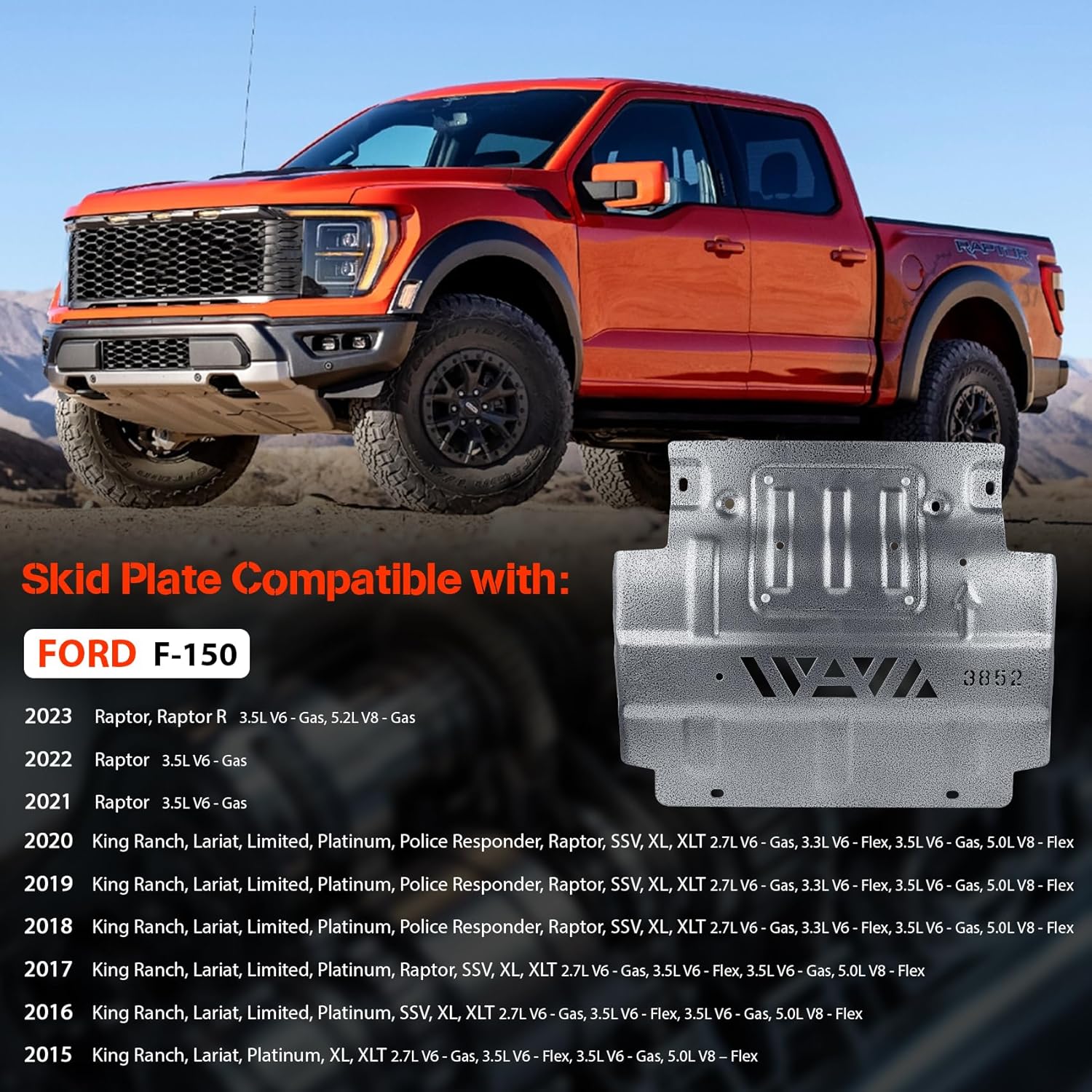 Engine Splash Shield Compatible with 2015 2016 2017 2018 2019 2020 2021 2022 Ford F-150 2.7L 3.3L 3.5L Replaces# FL3Z-5D032-D Front Lower