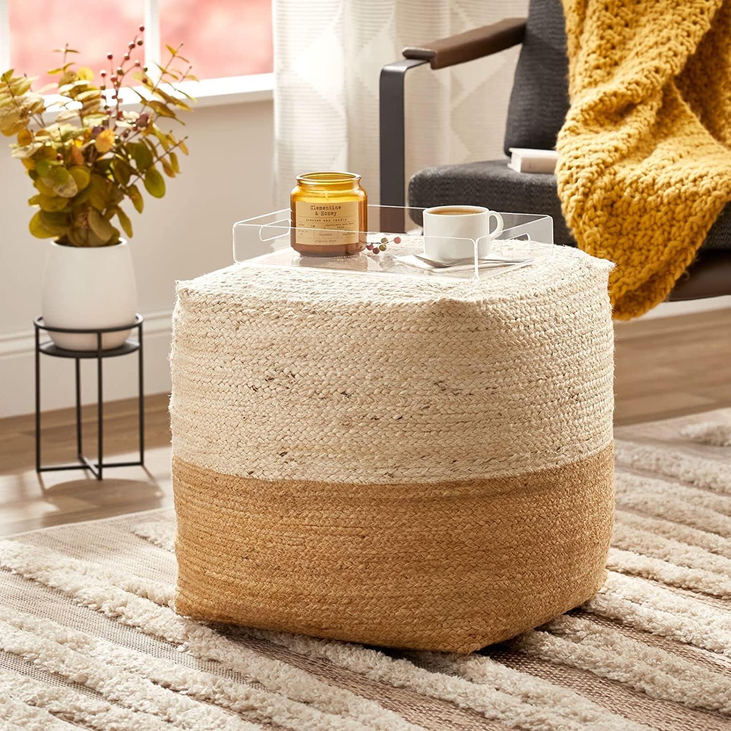 Square Cube Jute Pouf Bean Bag, Floor Chair Great for The Living Room, Bedroom and Kids Room Rustic Farmhouse Decor Ottoman Footrest(Cover Only) 18x18x18 (18x18x18, White+Natural)