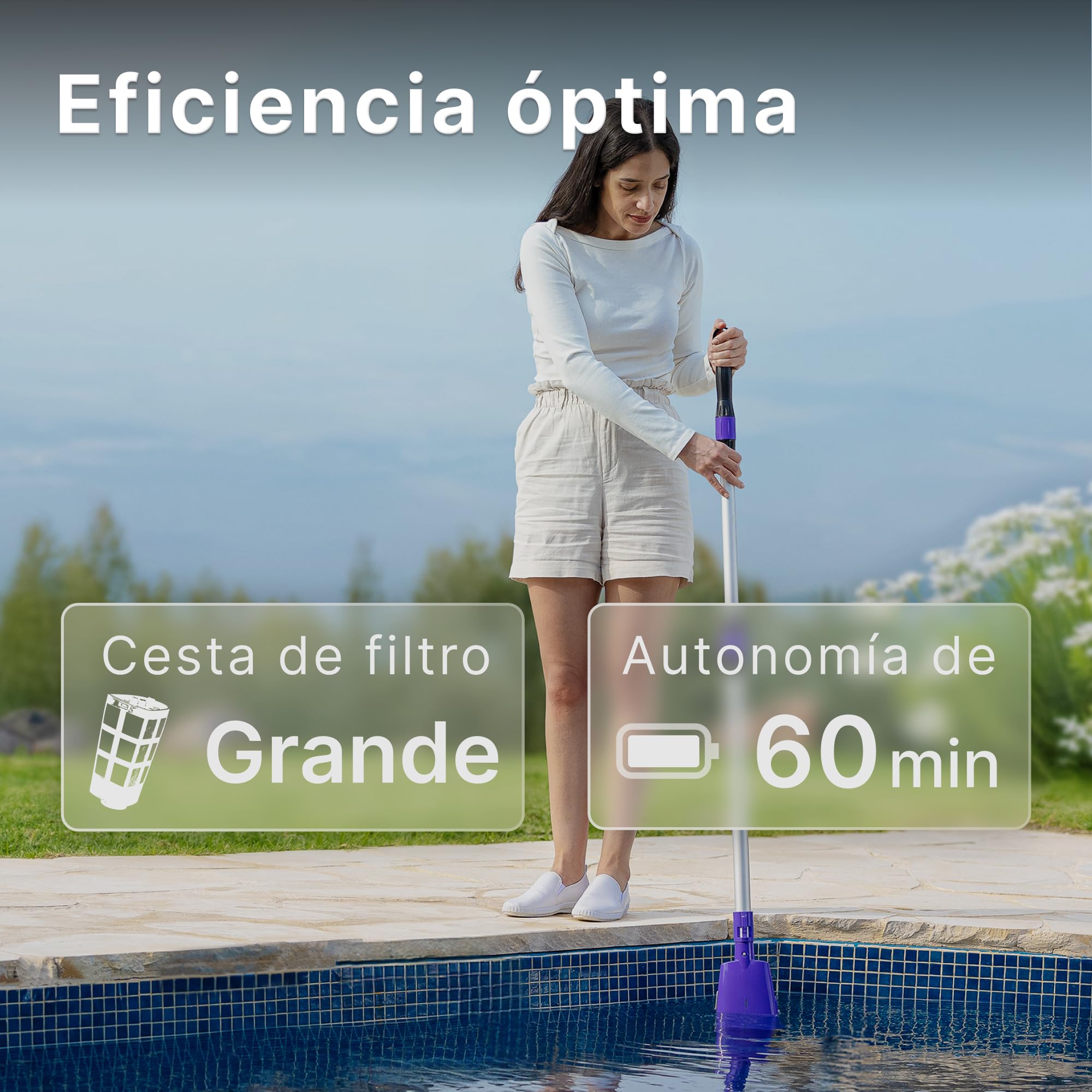 Niya AquaSweep S1 Aspirador de Piscina con batería y Barra telescópica, Succión Potente, Limpieza de rincones difíciles, 60min de autonomía, para Piscinas elevadas y enterradas, Jacuzzis y Spas