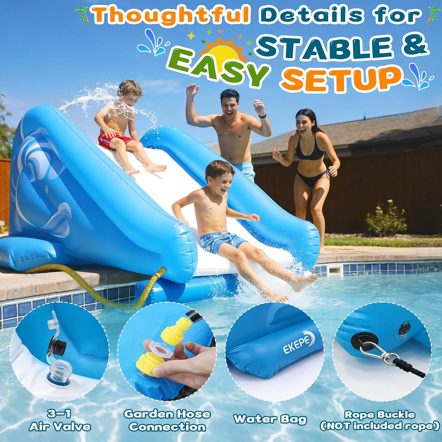 Inflatable Water Slide for Pool, Heavy Duty Pool Slide with Water Sprayer for Kids Family Summer Play, Durable Blow Up Backyard Water Slide for Parties, In-ground or Above Ground Pools - Blue